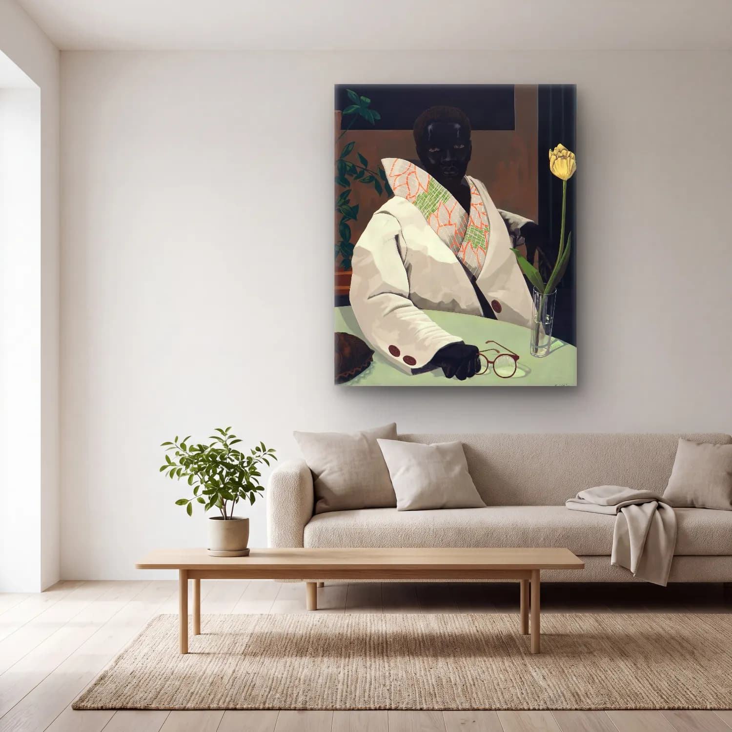 Kerry James Marshall – Erkek Portresi No. 6 cam tablo — açık renk salonda