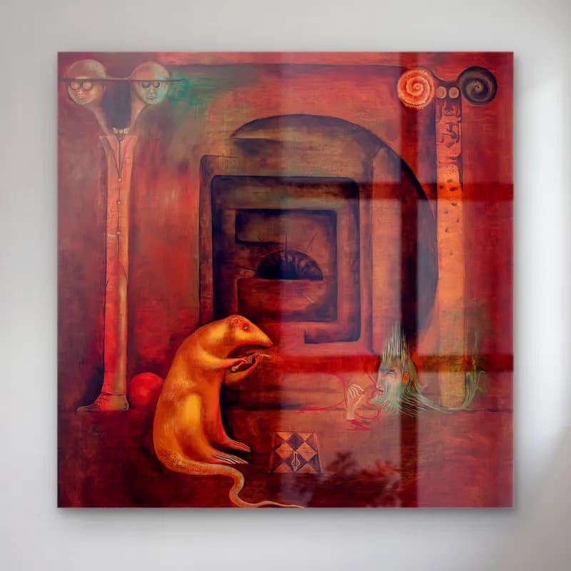 Leonora Carrington – Mitolojik Sahne cam tablo — Leonora Carrington – Mitolojik Sahne — modern soyut mitolojik sahne