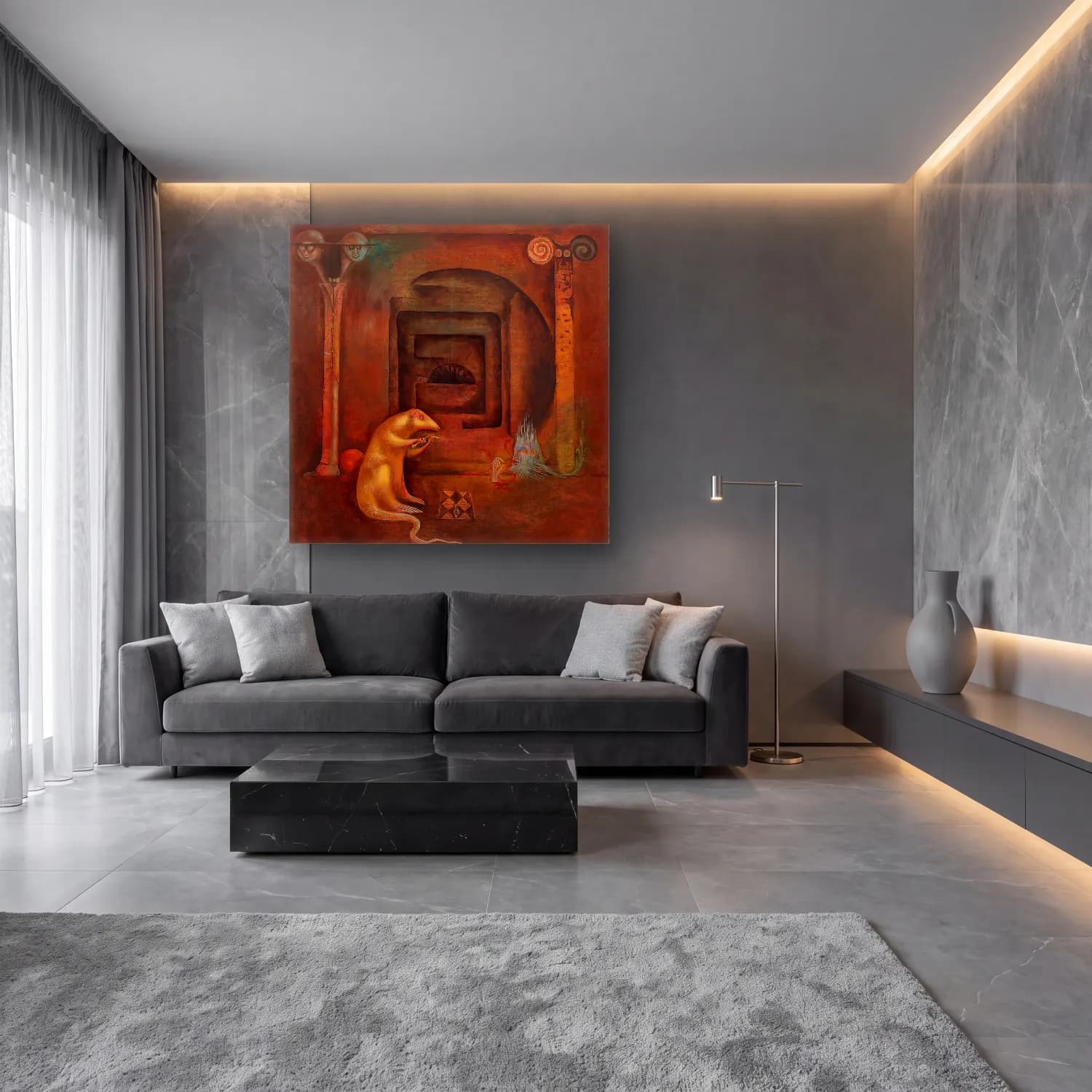 Leonora Carrington – Mitolojik Sahne cam tablo — lüks salon duvarında