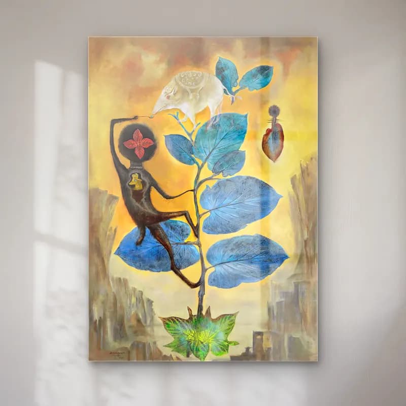 Leonora Carrington – Mitolojik Sahne – Mavi Tonlar cam tablo — Leonora Carrington – Mitolojik Sahne – Mavi Tonlar — yağlı boya mitolojik sahne