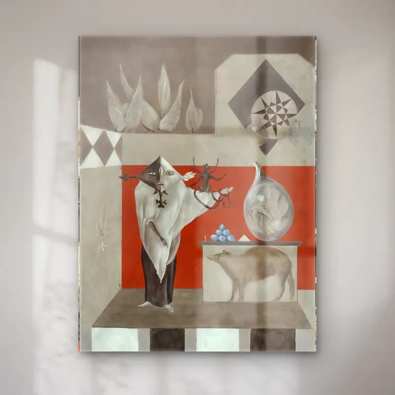 Leonora Carrington – Mitolojik Sahne – Bej Tonlar cam tablo — Leonora Carrington – Mitolojik Sahne – Bej Tonlar — modern soyut mitolojik sahne