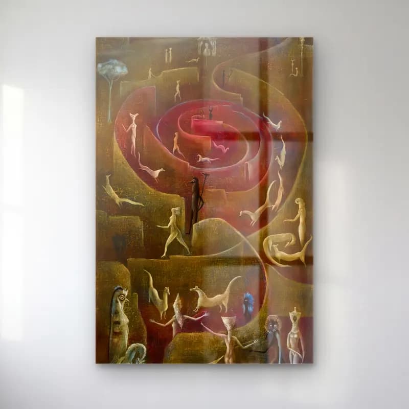 Leonora Carrington – Mitolojik Sahne – Kırmızı Tonlar cam tablo — Leonora Carrington – Mitolojik Sahne – Kırmızı Tonlar — modern soyut mitolojik sahne