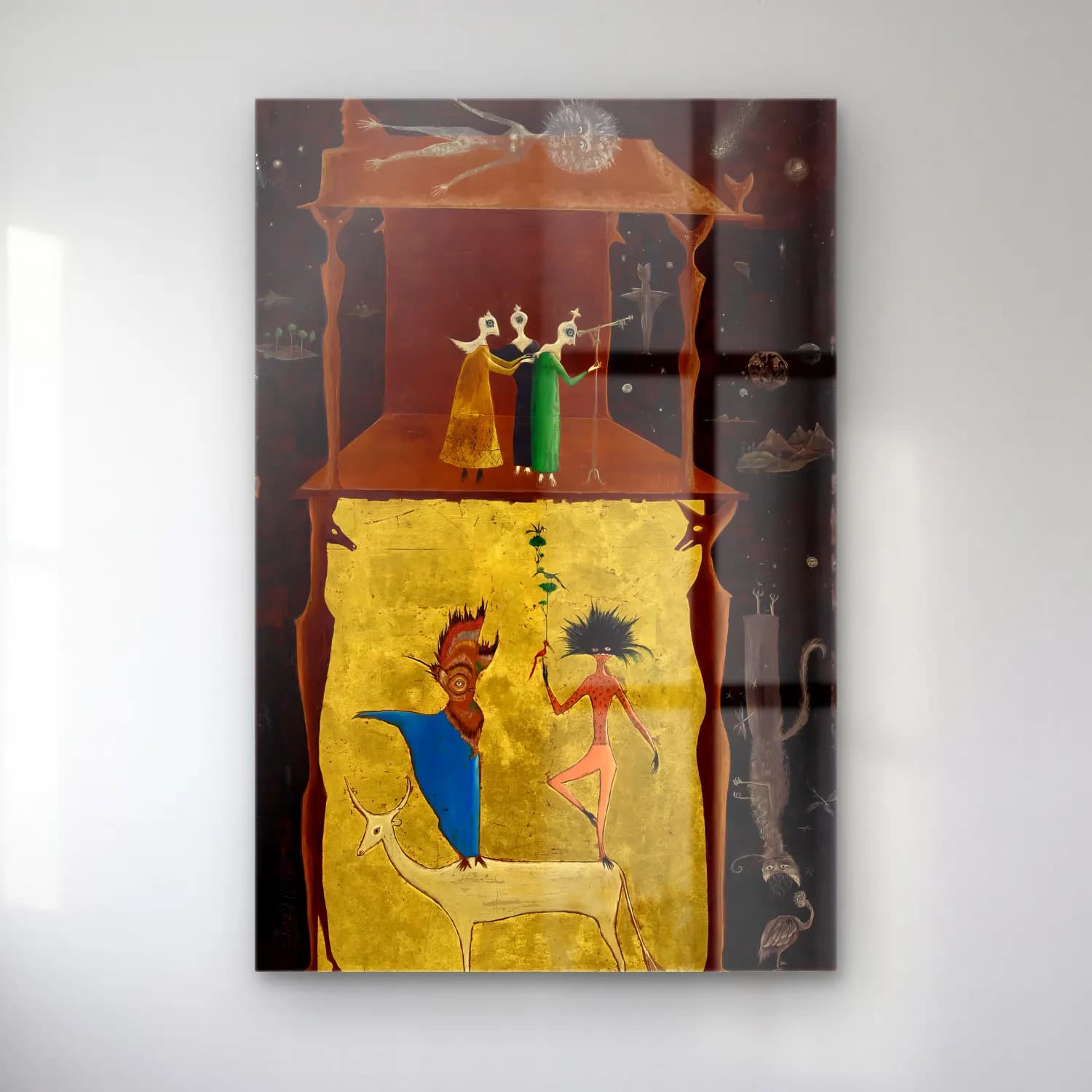 Leonora Carrington – Mitolojik Sahne – Sarı Tonlar cam tablo — Leonora Carrington – Mitolojik Sahne – Sarı Tonlar — modern soyut mitolojik sahne