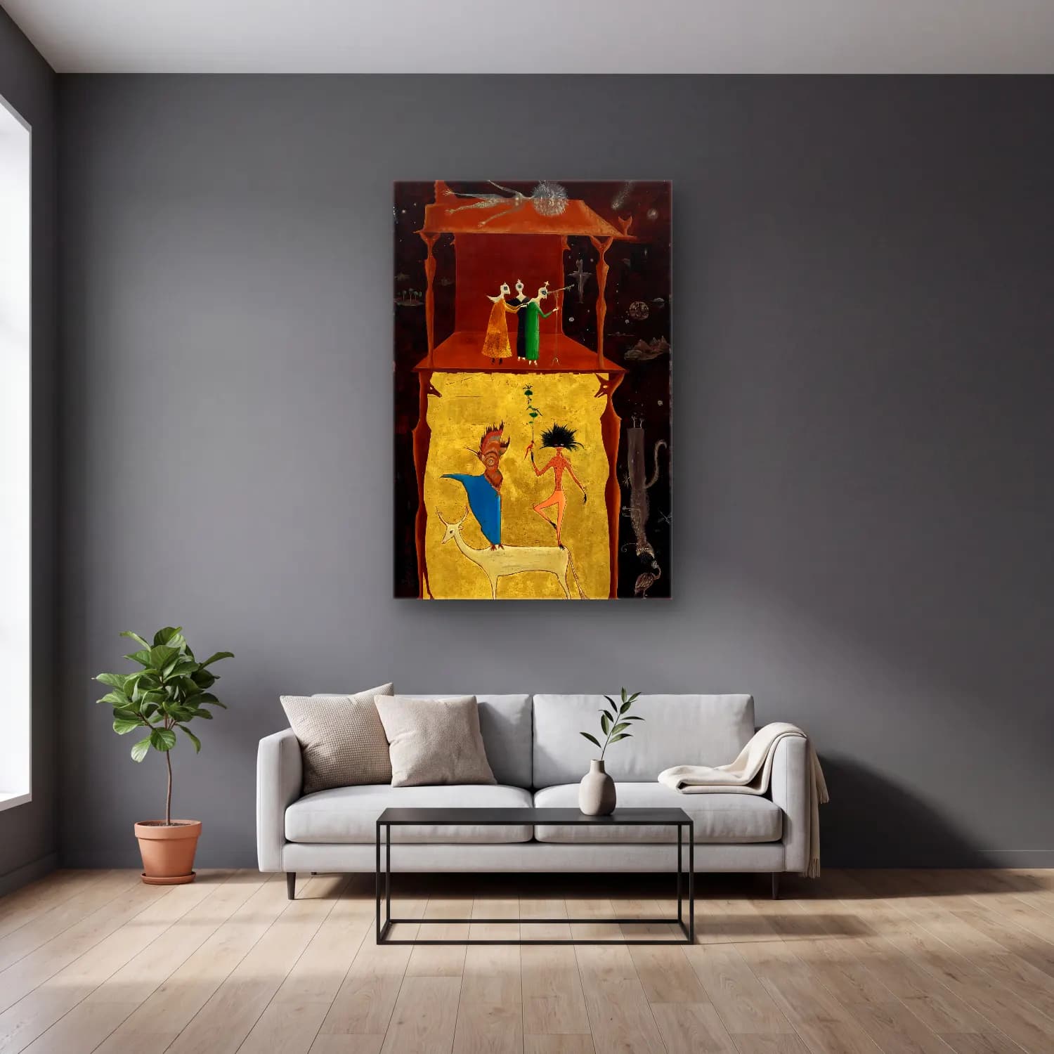Leonora Carrington – Mitolojik Sahne – Sarı Tonlar cam tablo — gri duvarlı salonda