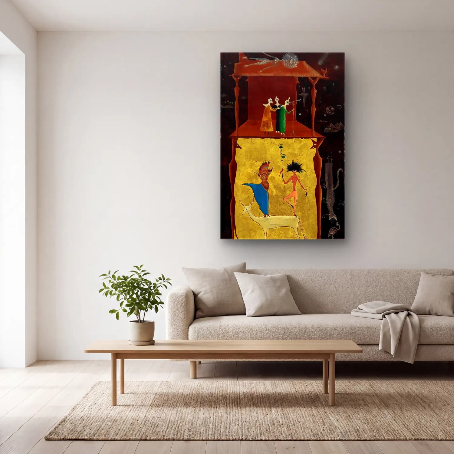 Leonora Carrington – Mitolojik Sahne – Sarı Tonlar cam tablo — açık renk salonda