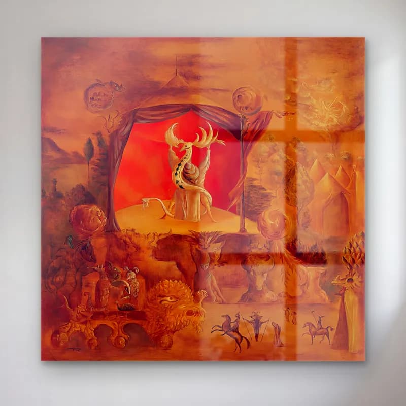 Leonora Carrington – Mitolojik Sahne – Turuncu Tonlar cam tablo — Leonora Carrington – Mitolojik Sahne – Turuncu Tonlar — yağlı boya mitolojik sahne