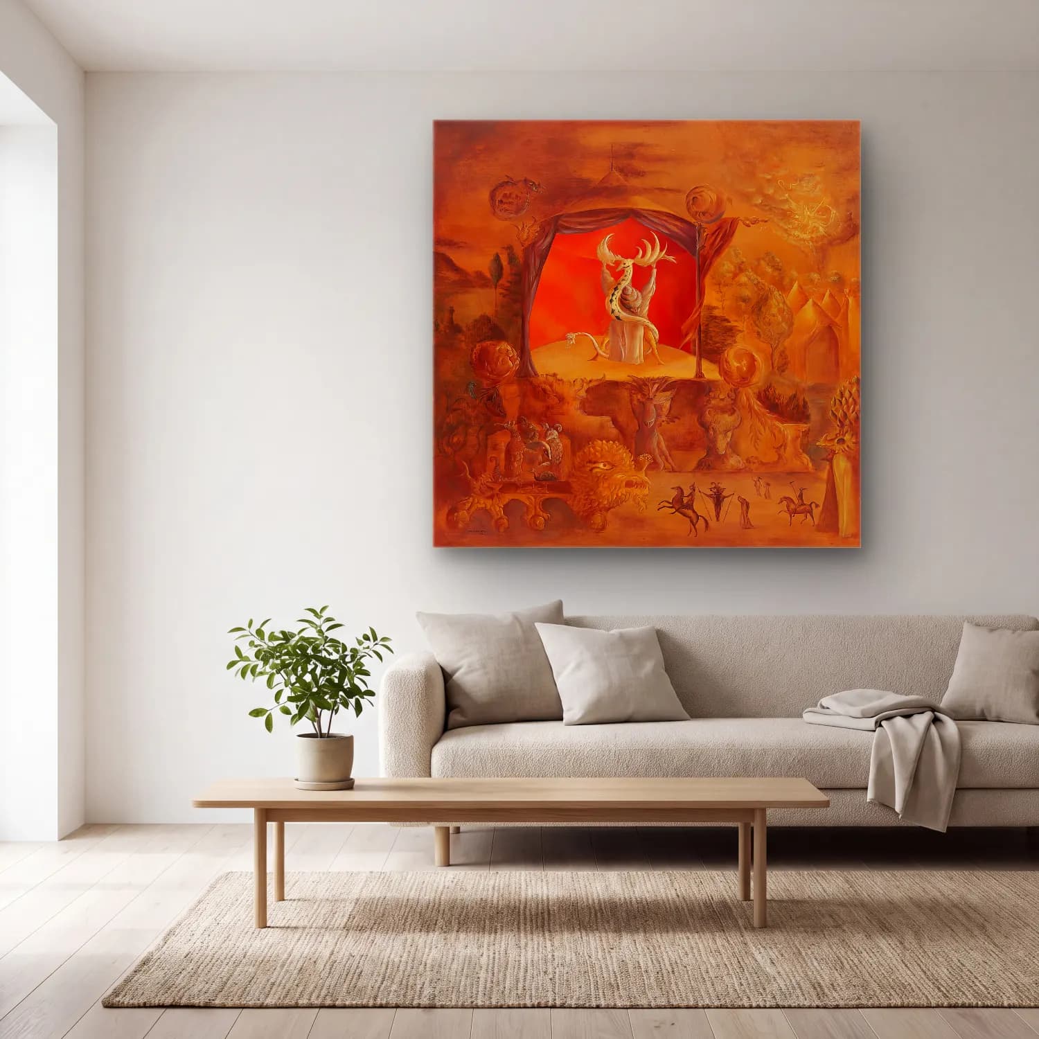 Leonora Carrington – Mitolojik Sahne – Turuncu Tonlar cam tablo — açık renk salonda