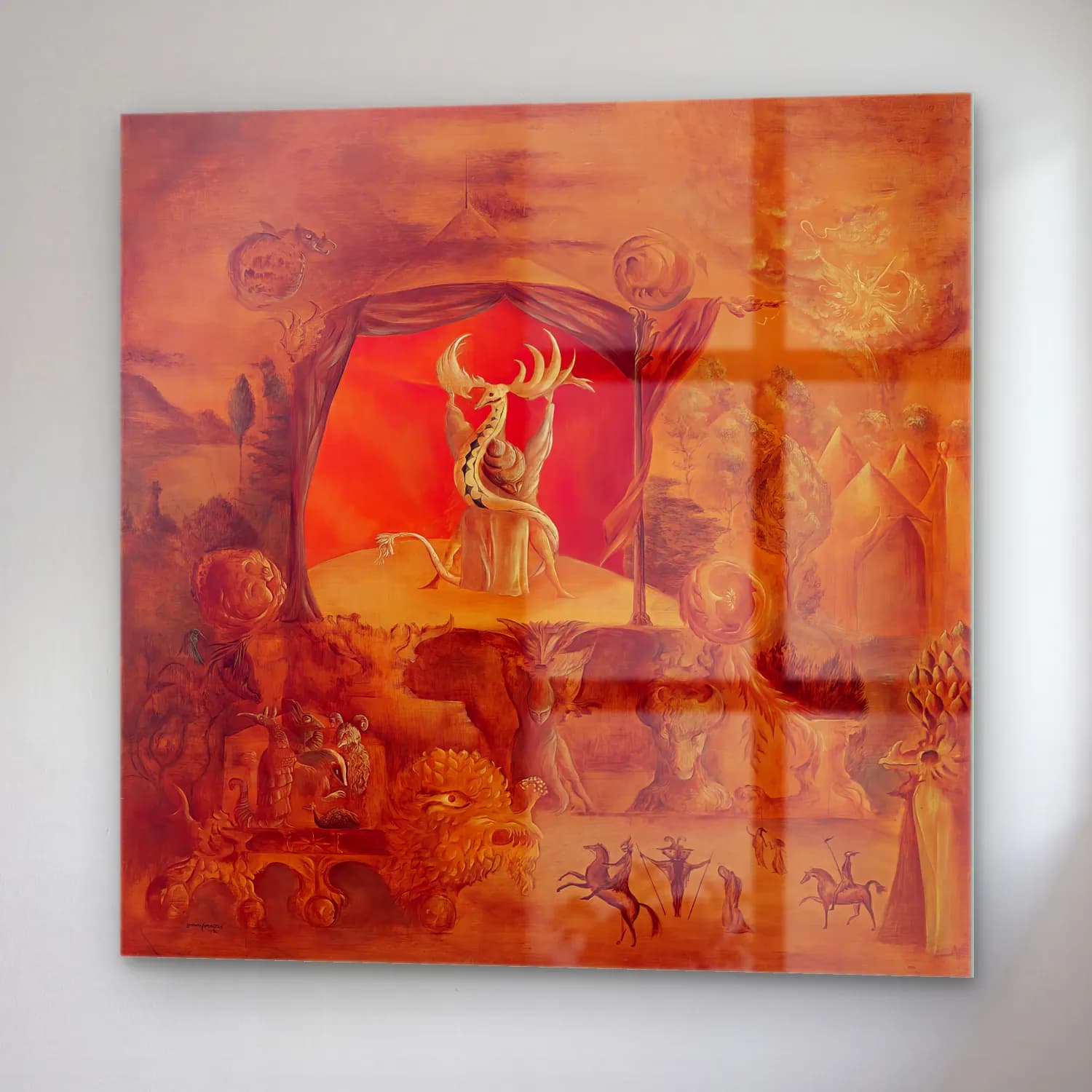Leonora Carrington – Mitolojik Sahne – Turuncu Tonlar cam tablo — sağ açıdan görünüm