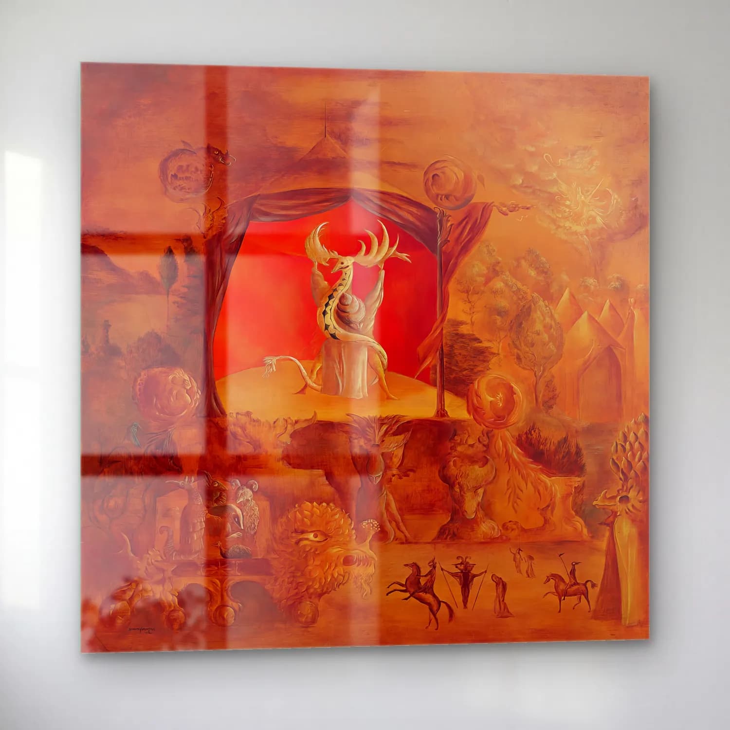 Leonora Carrington – Mitolojik Sahne – Turuncu Tonlar cam tablo — sol açıdan görünüm