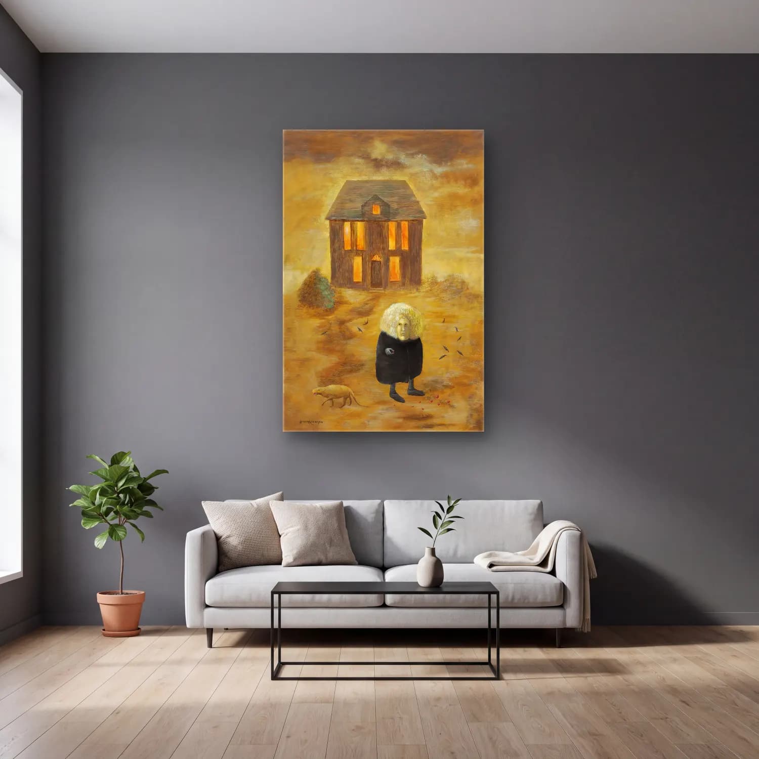 Leonora Carrington – Kır Evi cam tablo — gri duvarlı salonda
