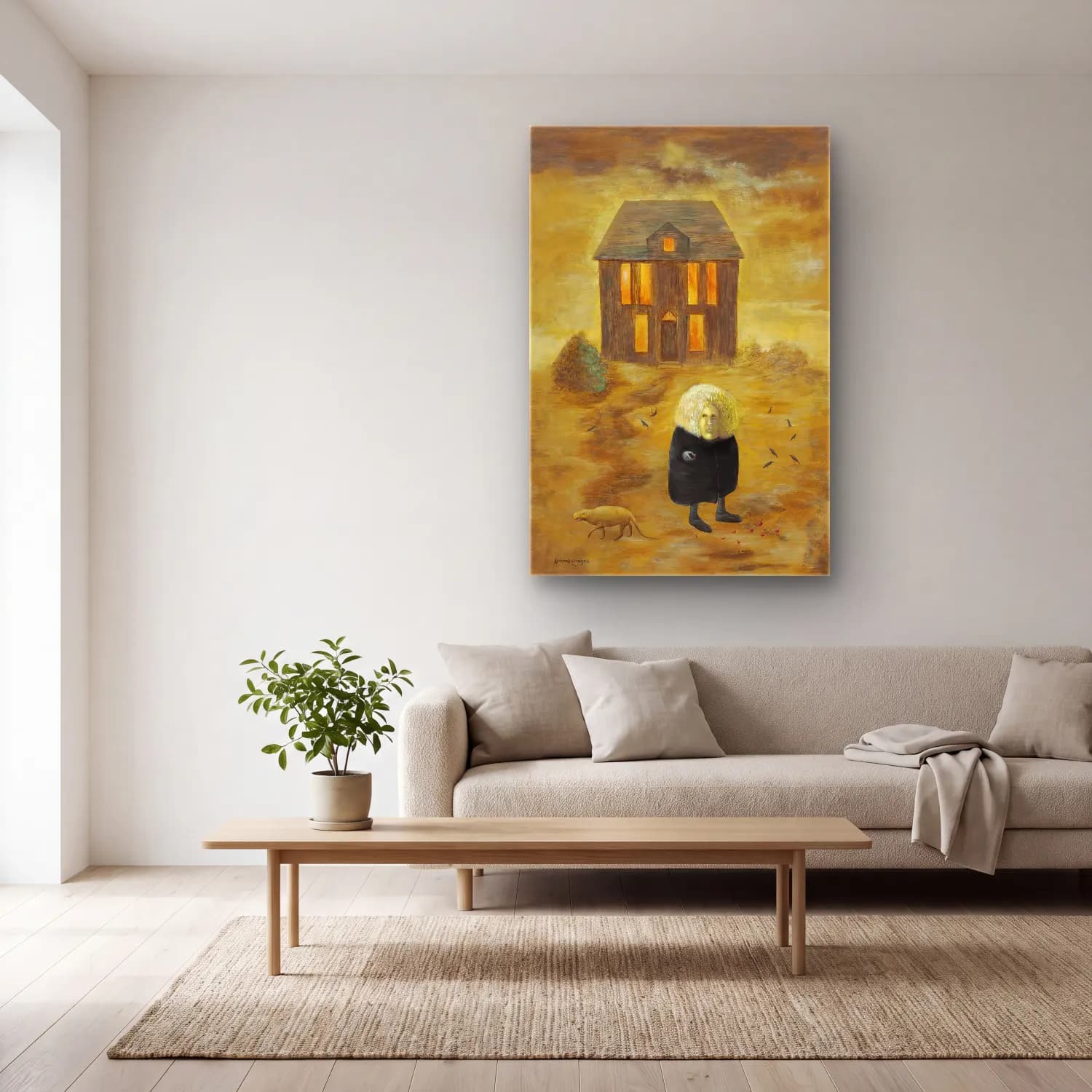 Leonora Carrington – Kır Evi cam tablo — açık renk salonda