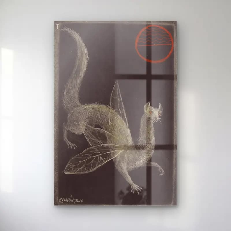 Leonora Carrington – Tilki cam tablo — Leonora Carrington – Tilki — siyah beyaz tilki