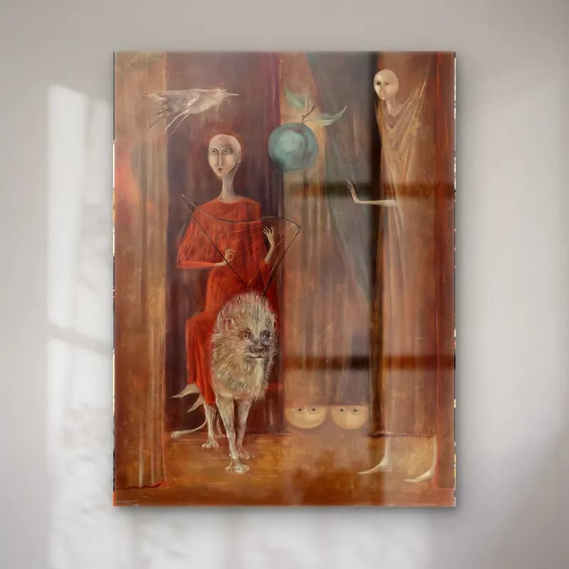 Leonora Carrington – Mitolojik Sahne No. 8 cam tablo — Leonora Carrington – Mitolojik Sahne No. 8 — yağlı boya mitolojik sahne
