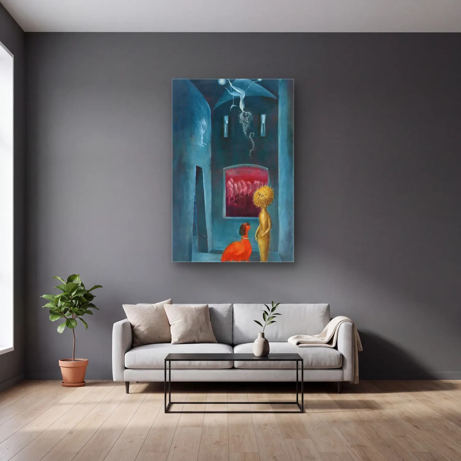 Leonora Carrington – Mitolojik Sahne No. 10 cam tablo — gri duvarlı salonda