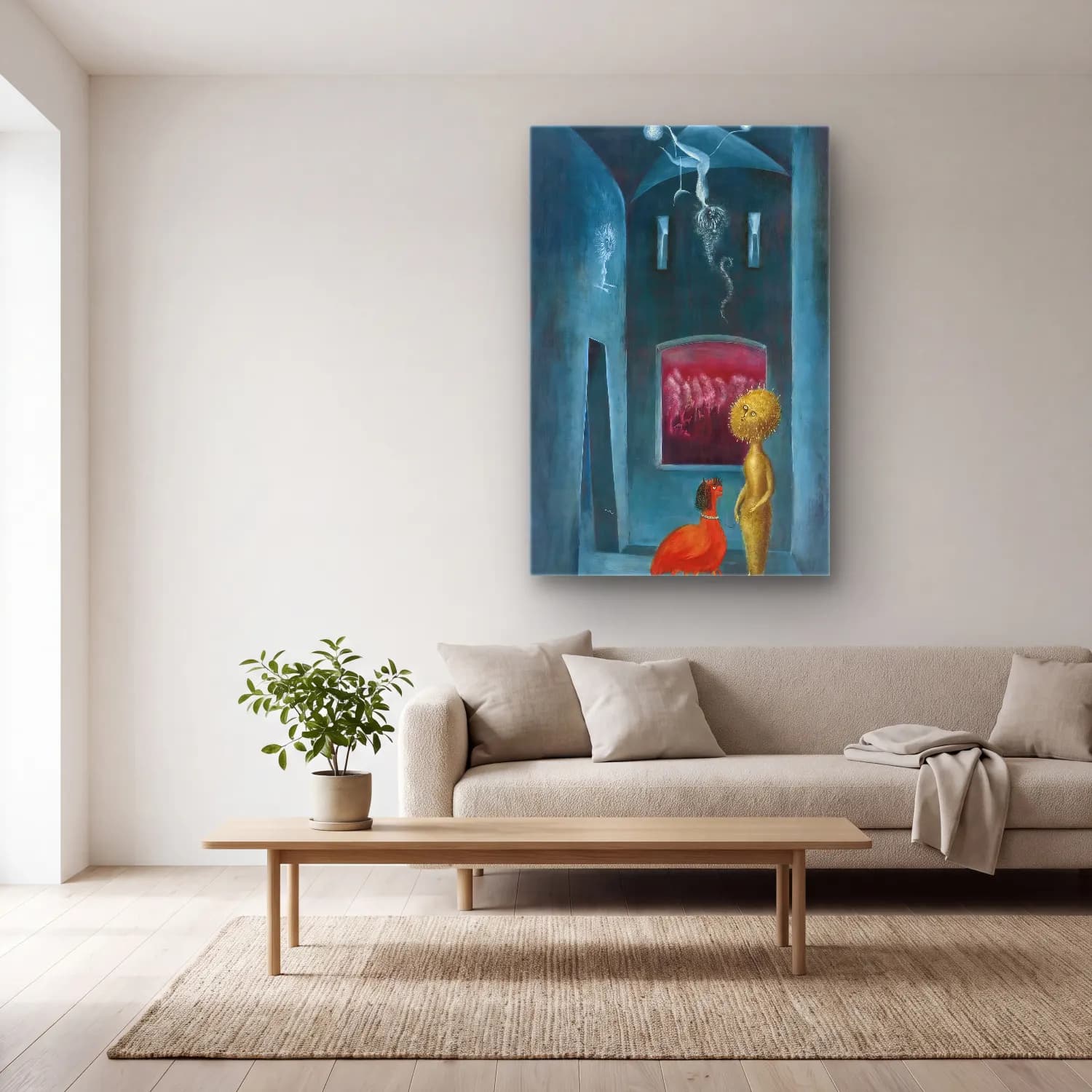 Leonora Carrington – Mitolojik Sahne No. 10 cam tablo — açık renk salonda