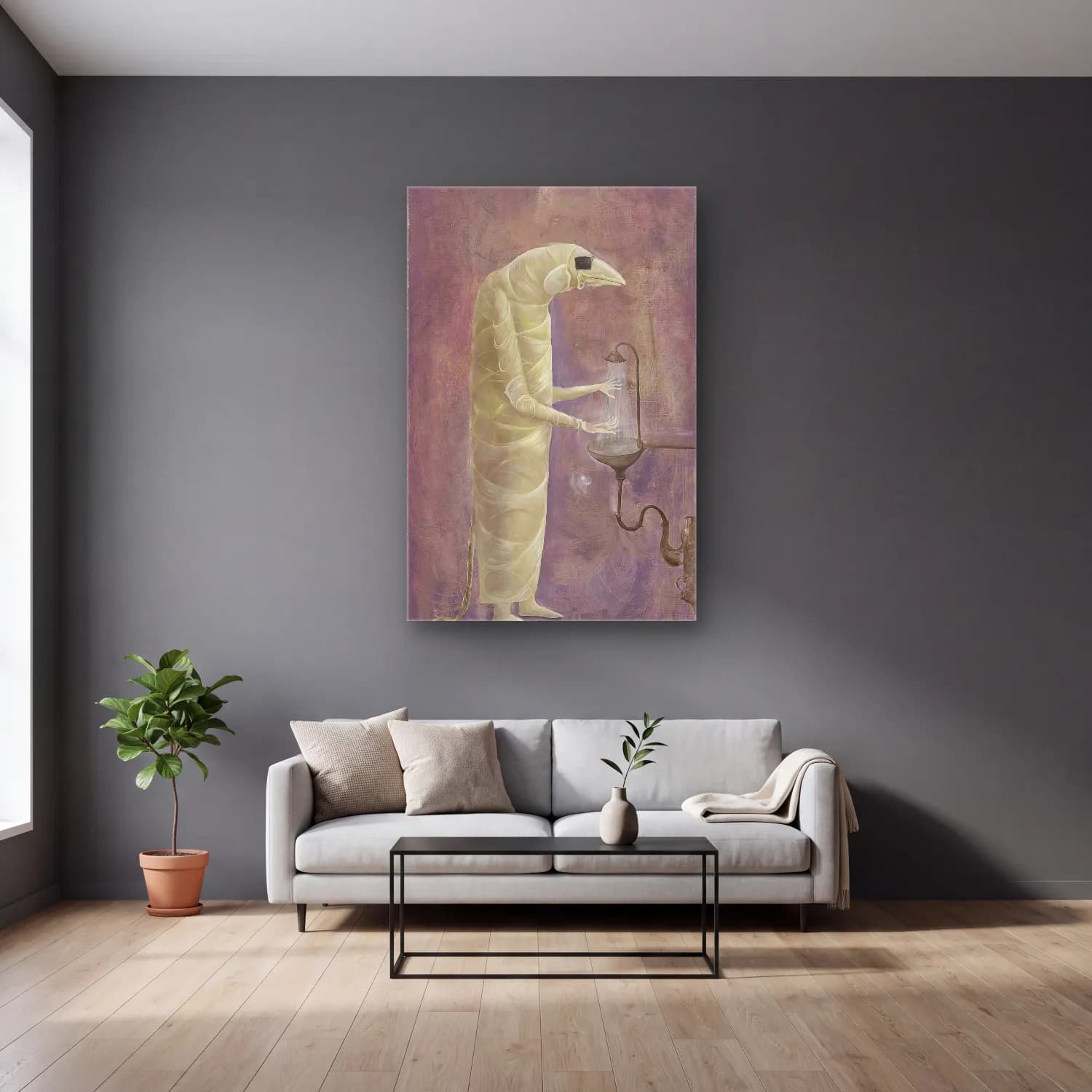 Leonora Carrington – Figür Çalışması cam tablo — gri duvarlı salonda
