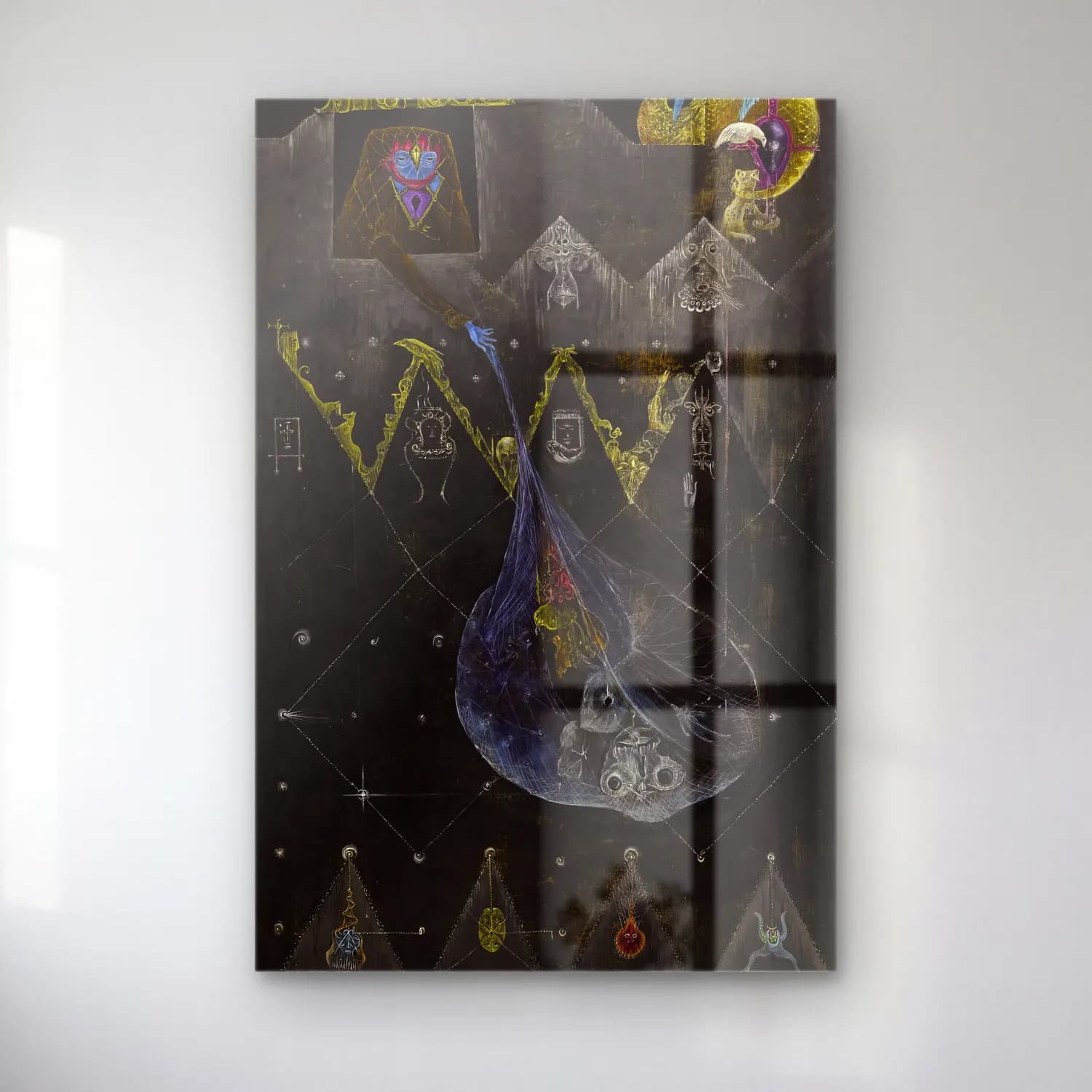 Leonora Carrington – Mitolojik Sahne No. 11 cam tablo — Leonora Carrington – Mitolojik Sahne No. 11 — modern soyut mitolojik sahne