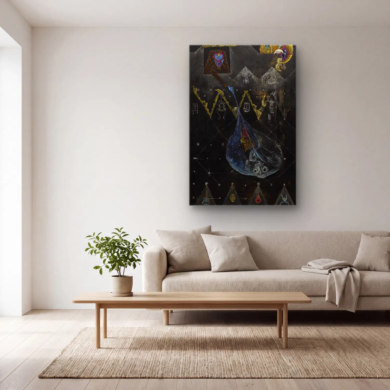 Leonora Carrington – Mitolojik Sahne No. 11 cam tablo — açık renk salonda