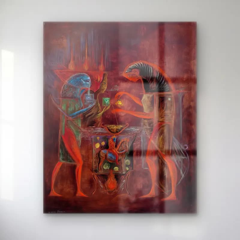 Leonora Carrington – Mitolojik Sahne No. 12 cam tablo — Leonora Carrington – Mitolojik Sahne No. 12 — modern soyut mitolojik sahne