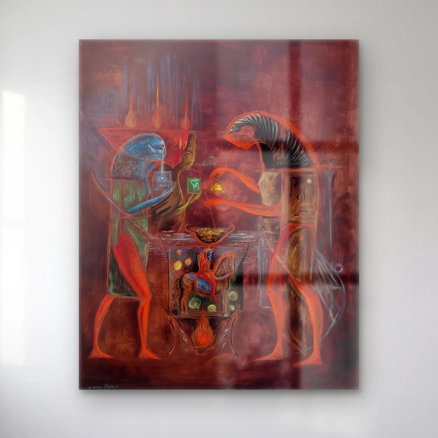 Leonora Carrington – Mitolojik Sahne No. 12 cam tablo — Leonora Carrington – Mitolojik Sahne No. 12 — modern soyut mitolojik sahne