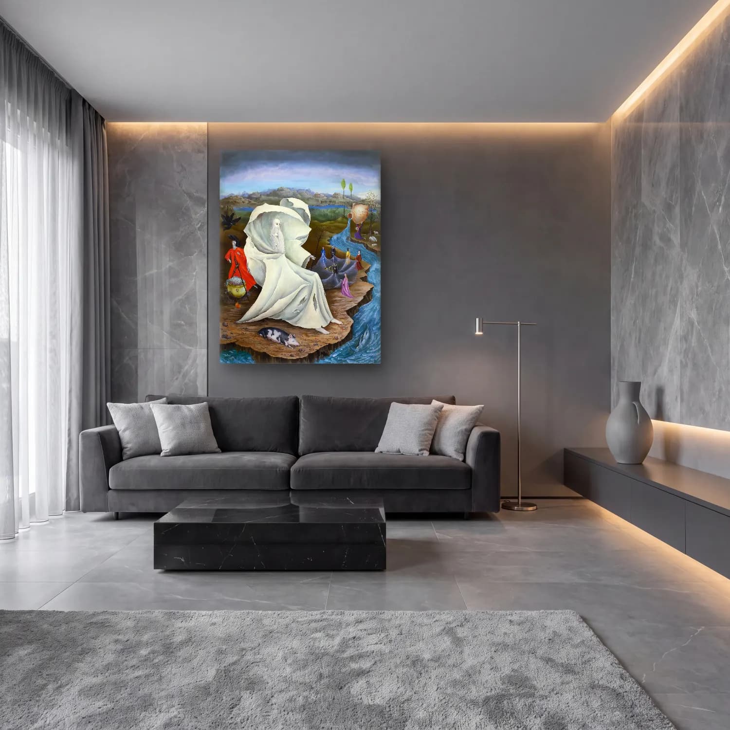 Leonora Carrington – Mitolojik Sahne – Siyah Beyaz Tonlar cam tablo — lüks salon duvarında