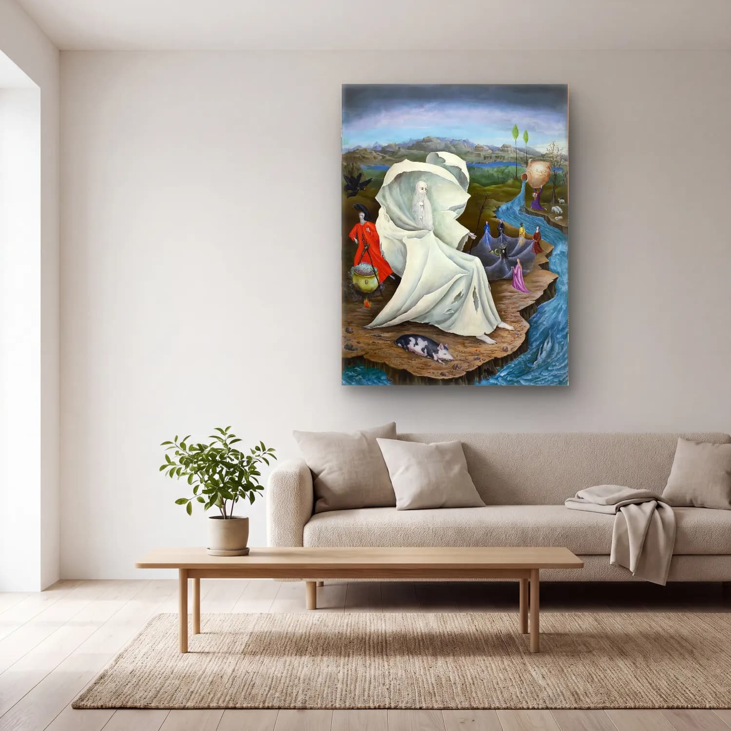 Leonora Carrington – Mitolojik Sahne – Siyah Beyaz Tonlar cam tablo — açık renk salonda
