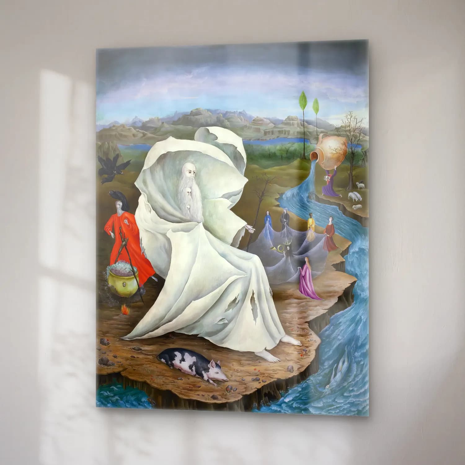 Leonora Carrington – Mitolojik Sahne – Siyah Beyaz Tonlar cam tablo — sağ açıdan görünüm
