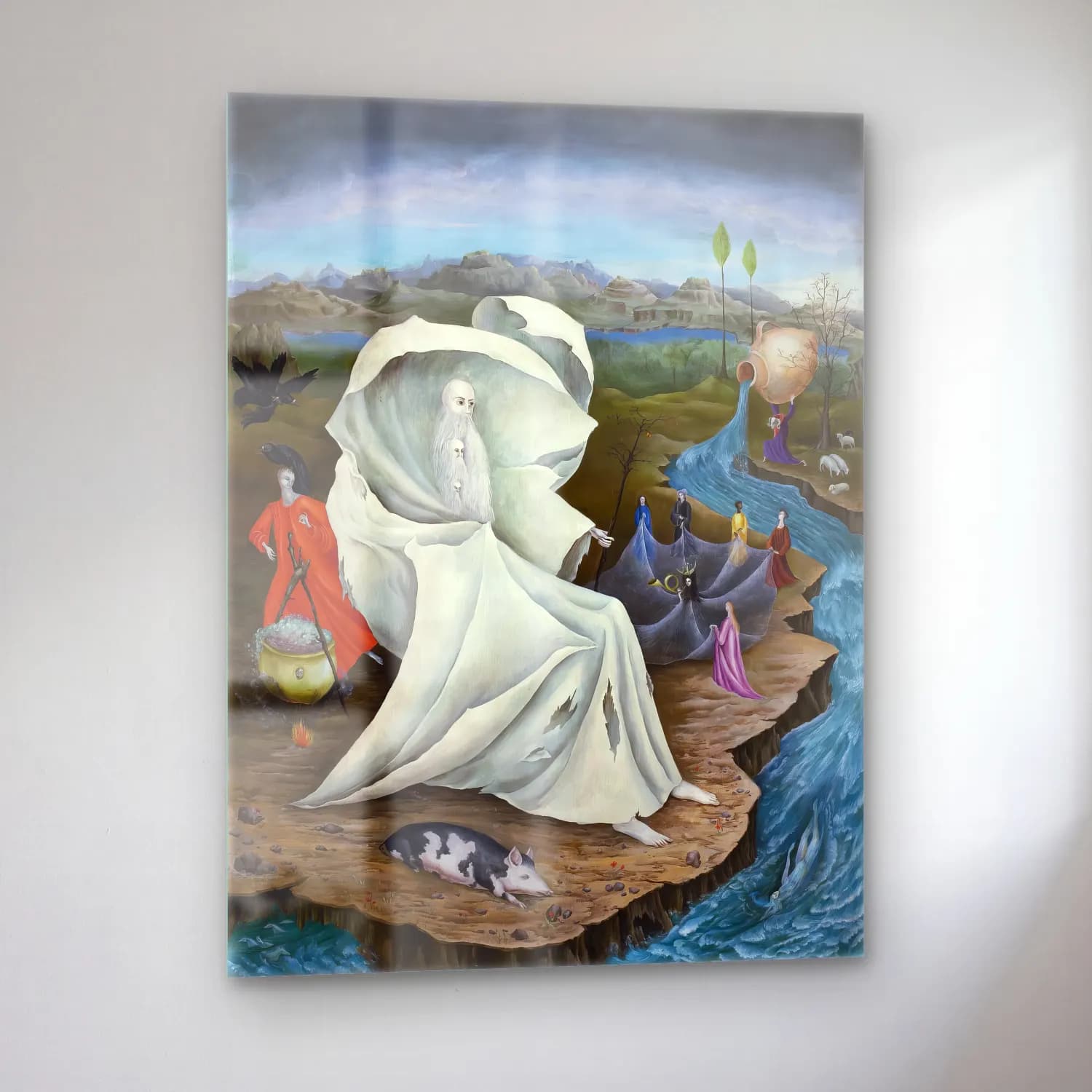 Leonora Carrington – Mitolojik Sahne – Siyah Beyaz Tonlar cam tablo — sol açıdan görünüm