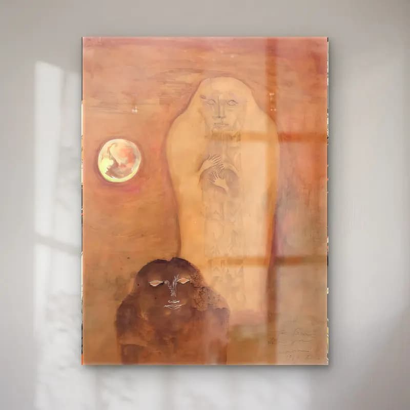 Leonora Carrington – Mitolojik Sahne No. 14 cam tablo — Leonora Carrington – Mitolojik Sahne No. 14 — modern soyut mitolojik sahne