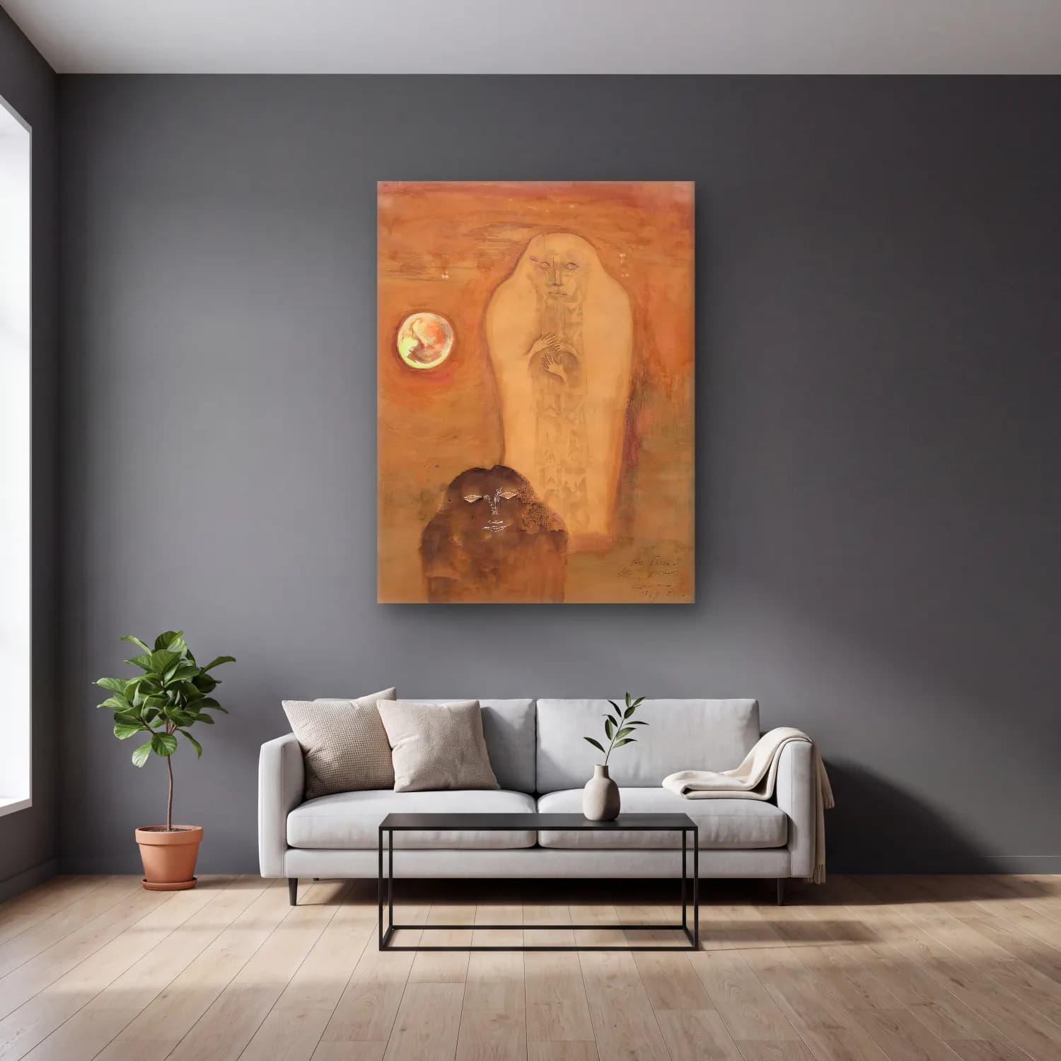 Leonora Carrington – Mitolojik Sahne No. 14 cam tablo — gri duvarlı salonda