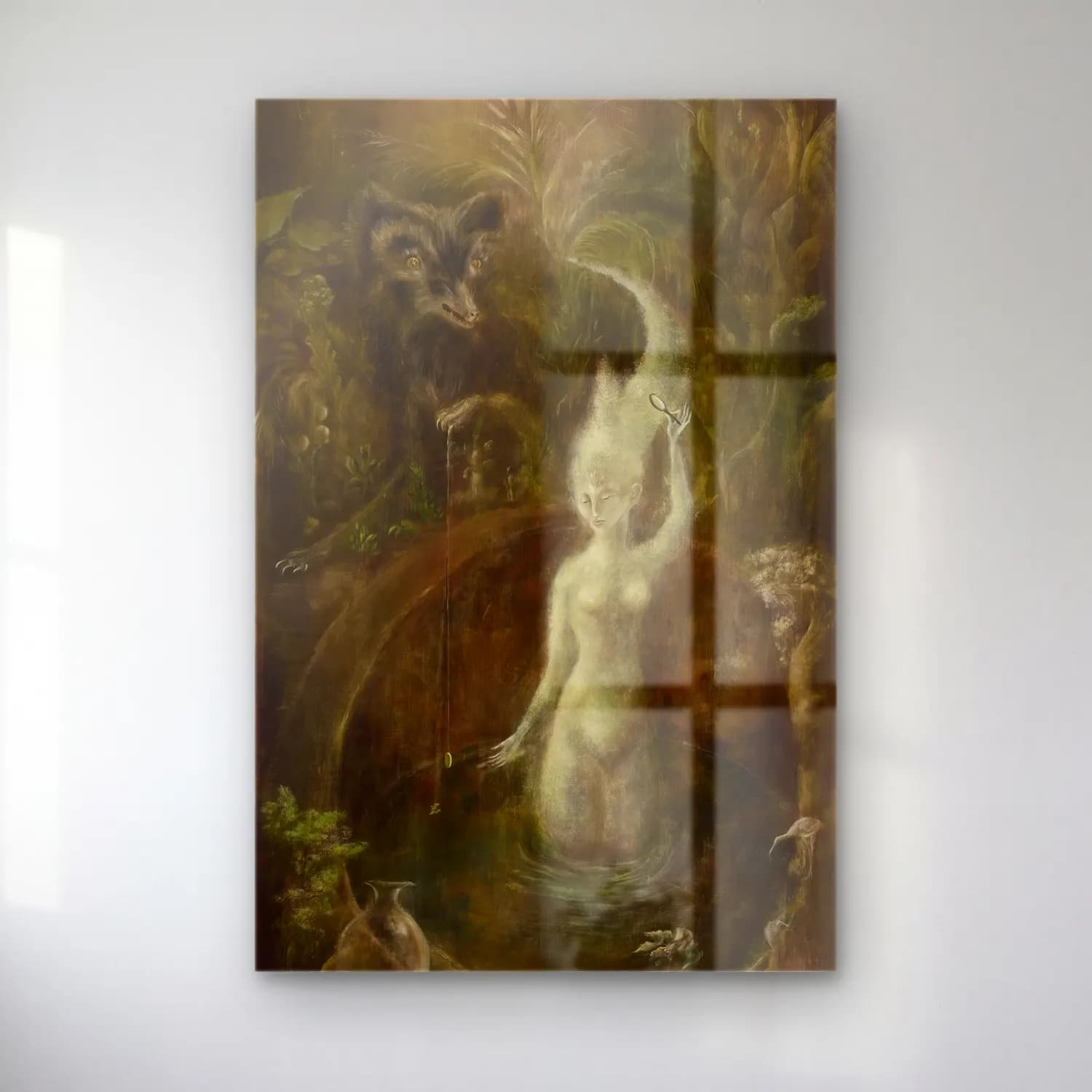 Leonora Carrington – Mitolojik Sahne No. 15 cam tablo — Leonora Carrington – Mitolojik Sahne No. 15 — yağlı boya mitolojik sahne