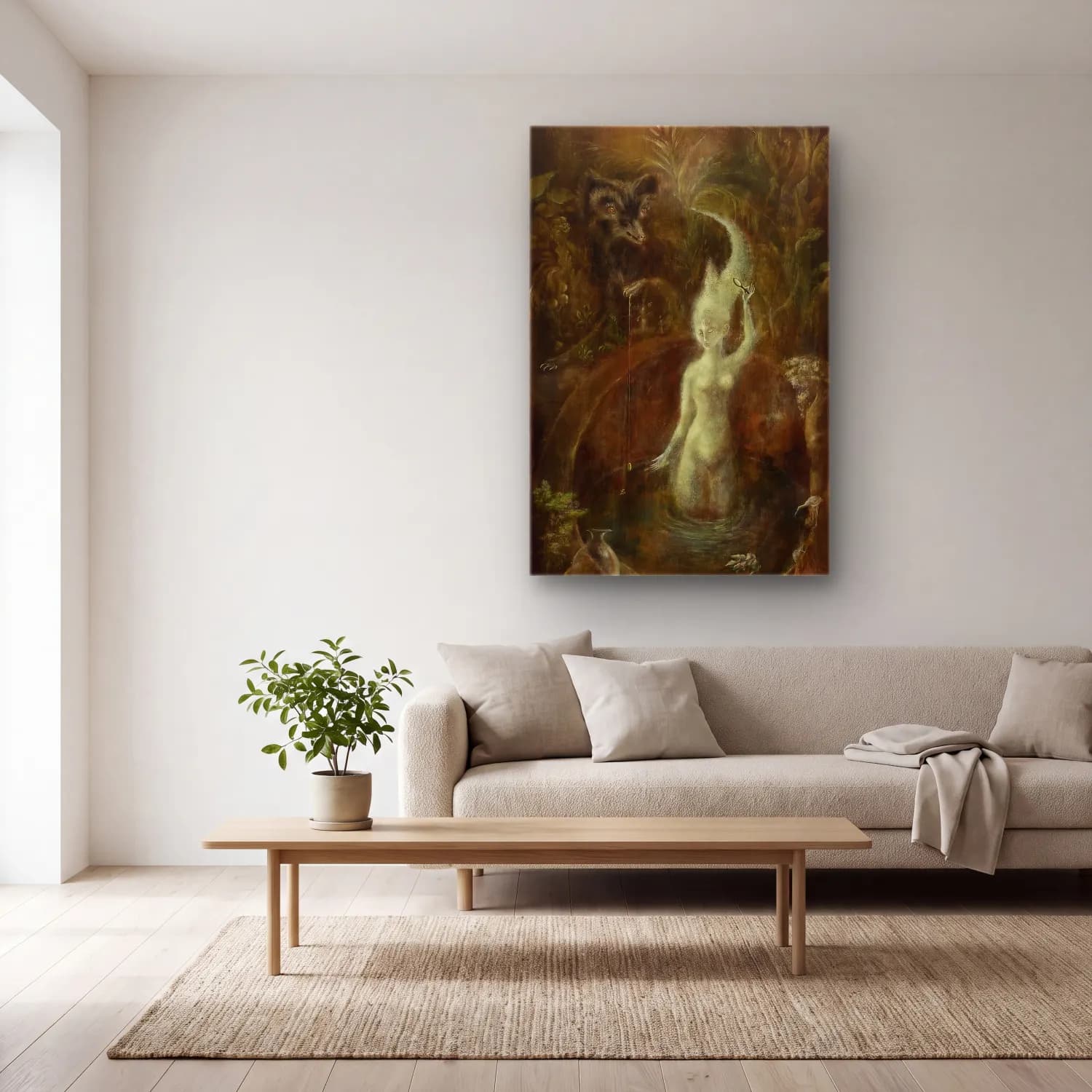 Leonora Carrington – Mitolojik Sahne No. 15 cam tablo — açık renk salonda
