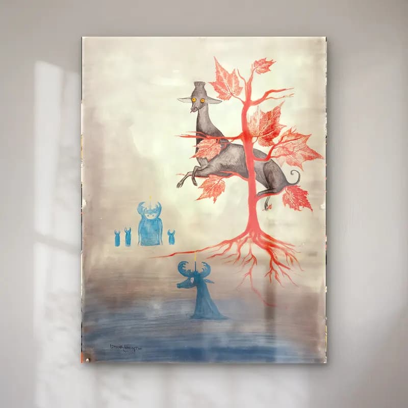 Leonora Carrington – Mitolojik Sahne No. 16 cam tablo — Leonora Carrington – Mitolojik Sahne No. 16 — suluboya mitolojik sahne