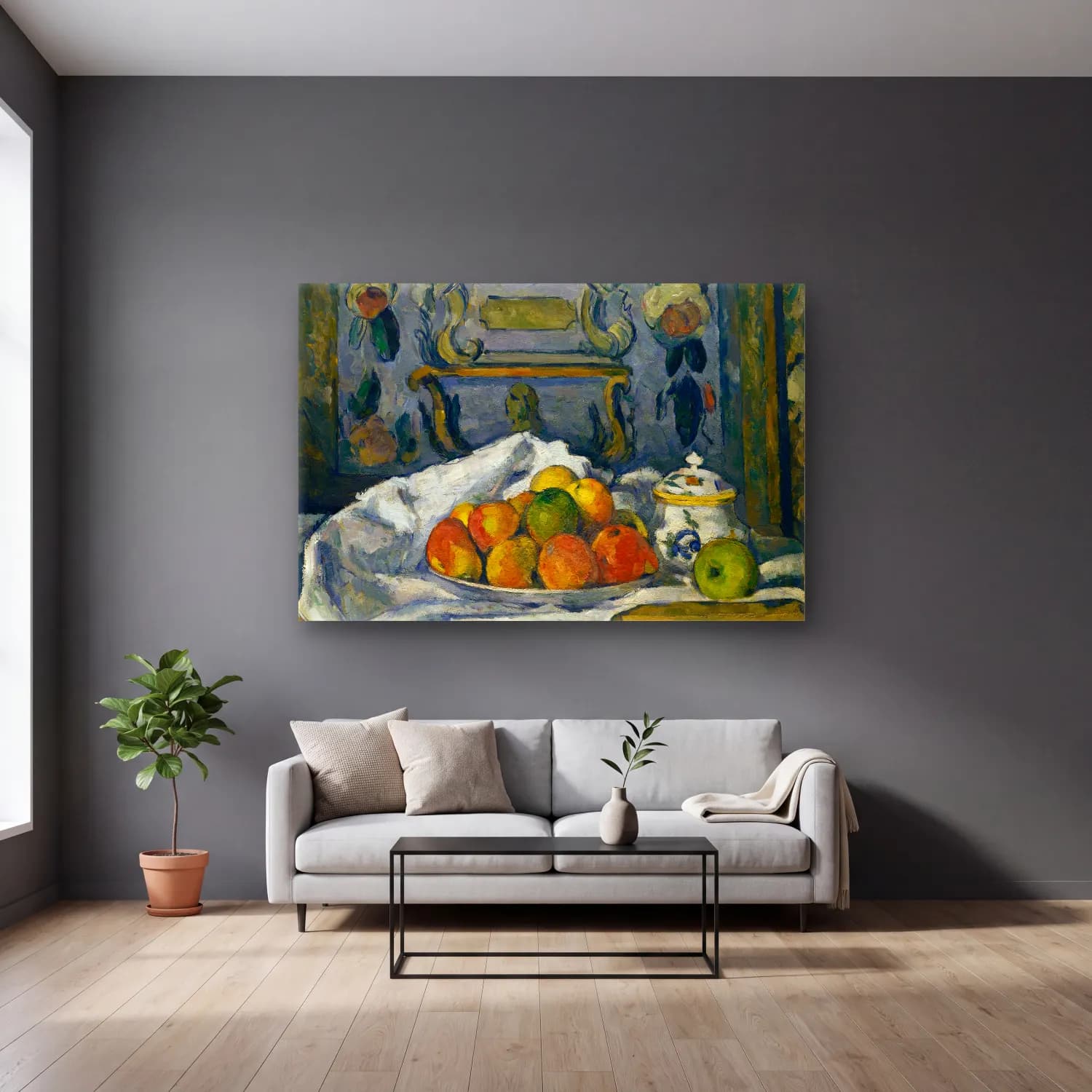 Paul Cezanne – Meyveli Natürmort cam tablo — gri duvarlı salonda
