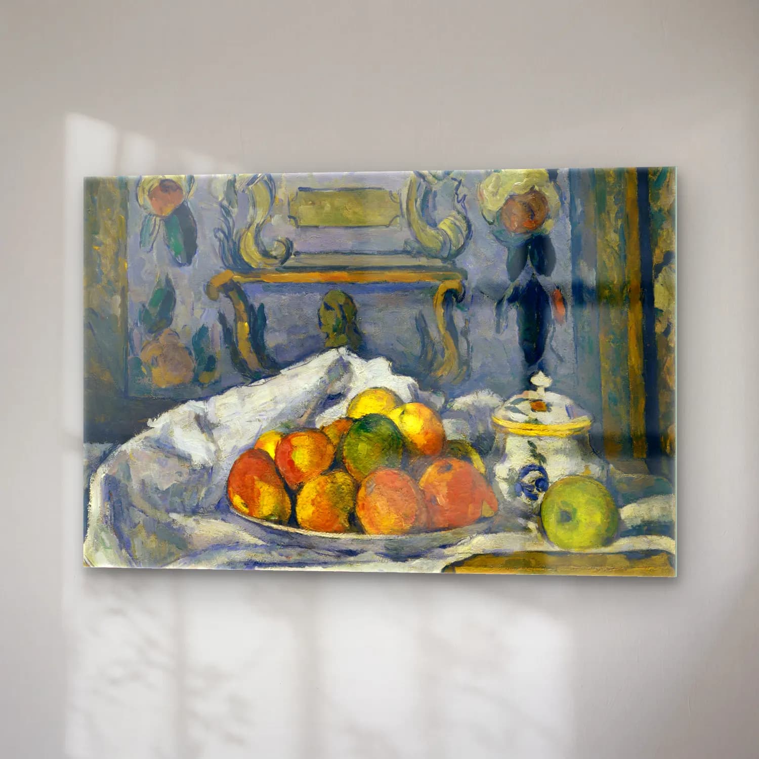 Paul Cezanne – Meyveli Natürmort cam tablo — sağ açıdan görünüm