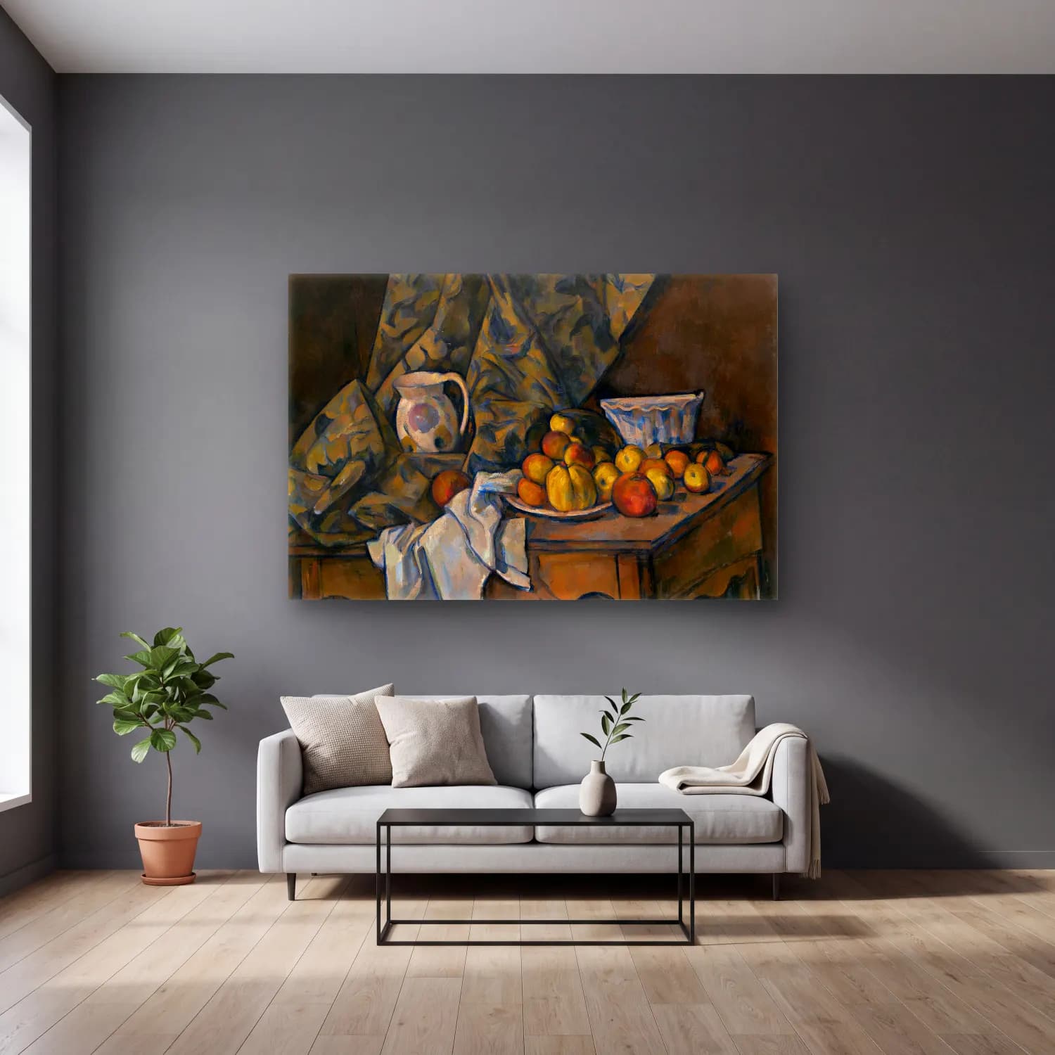 Paul Cezanne – Meyveli Natürmort – Bej Tonlar cam tablo — gri duvarlı salonda