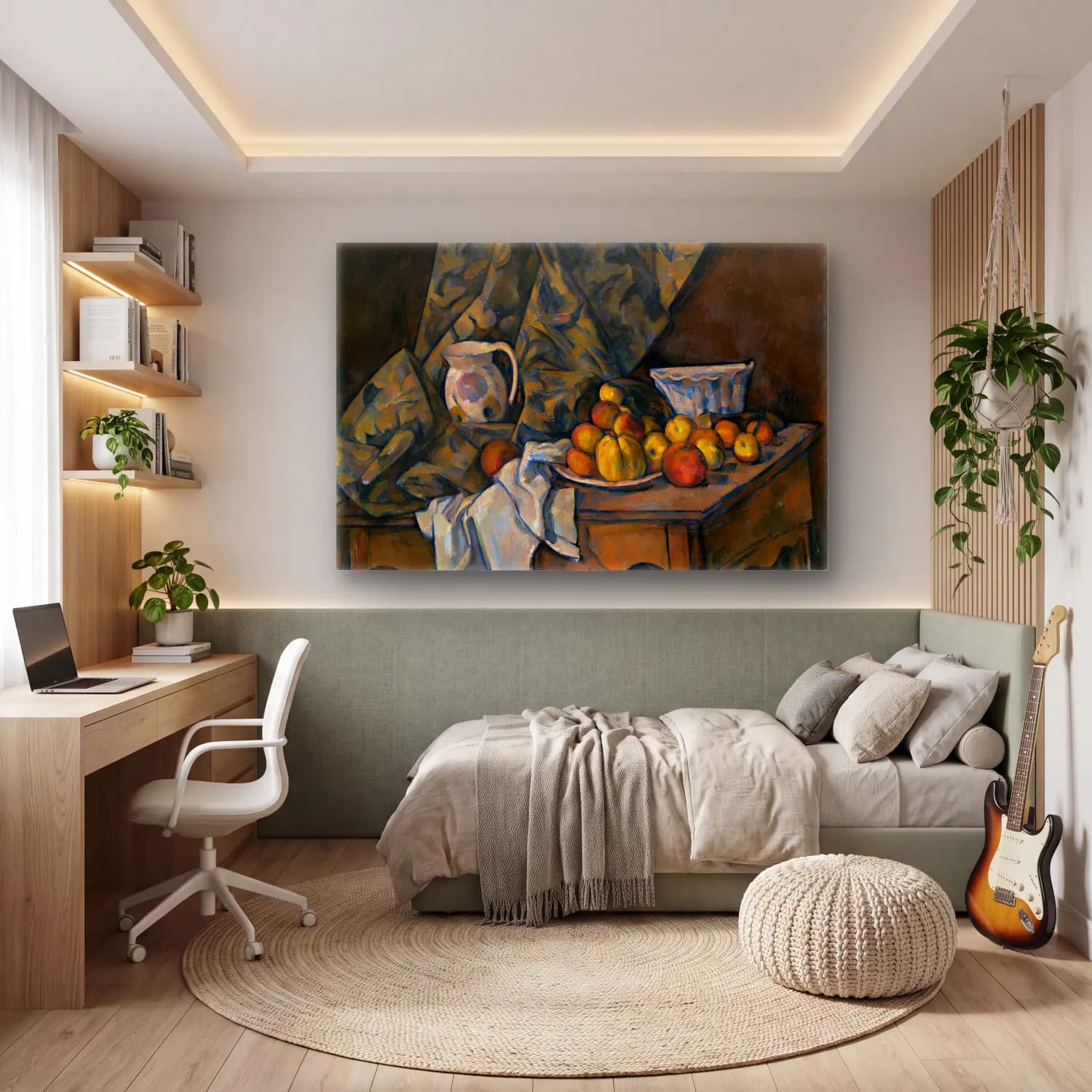 Paul Cezanne – Meyveli Natürmort – Bej Tonlar cam tablo — genç odasında