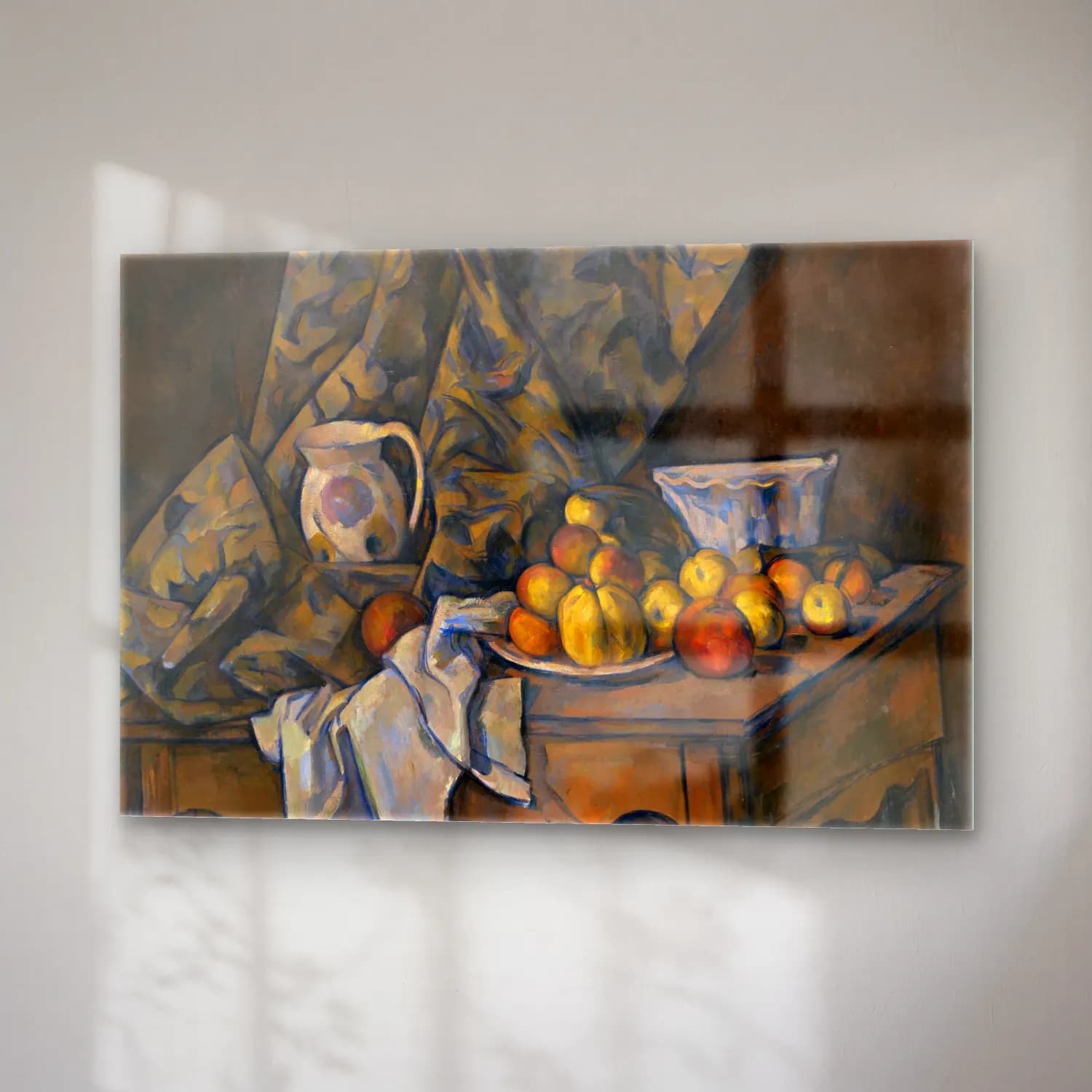 Paul Cezanne – Meyveli Natürmort – Bej Tonlar cam tablo — sağ açıdan görünüm