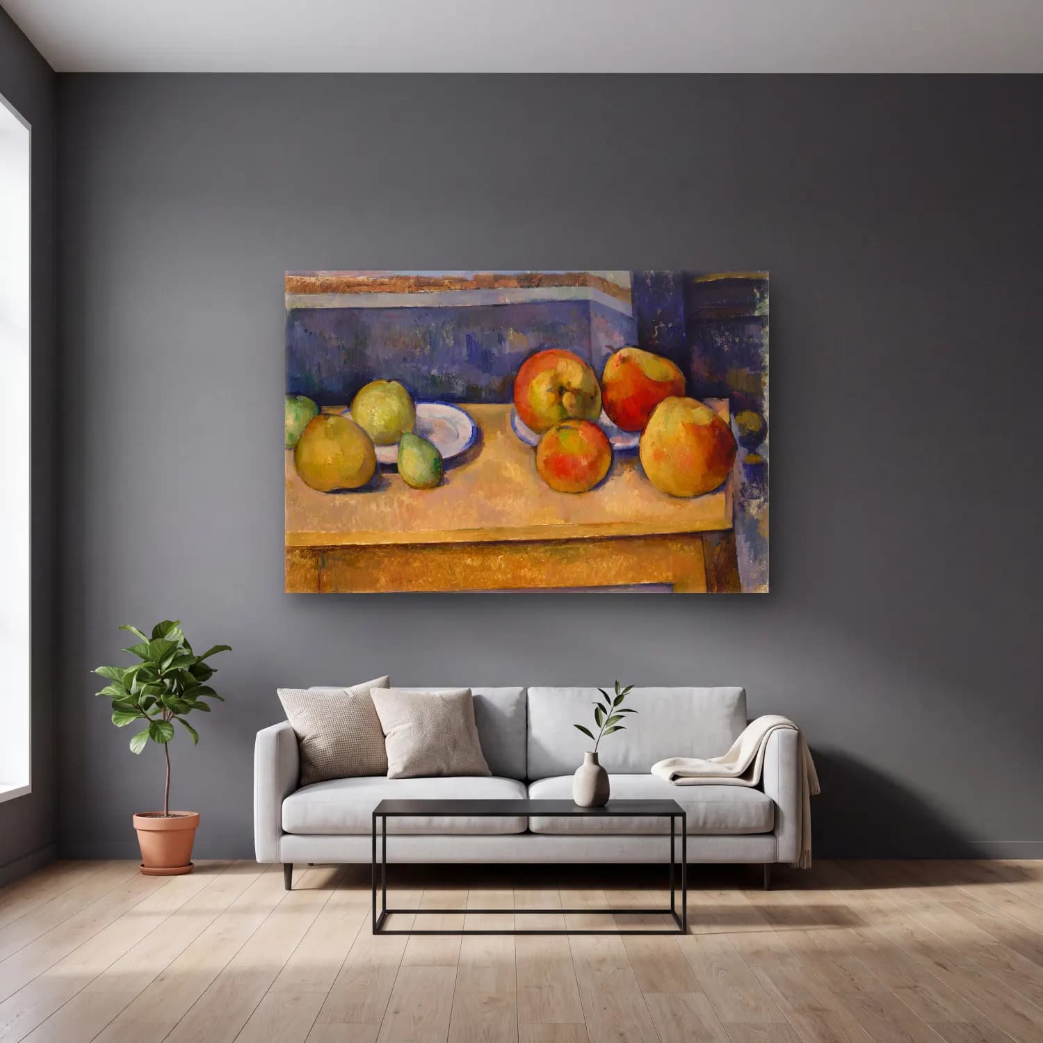 Paul Cezanne – Armut ve Elmalar cam tablo — gri duvarlı salonda