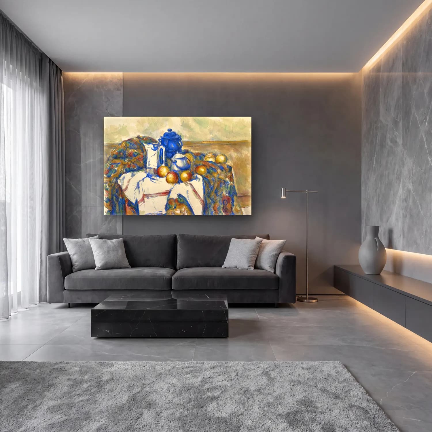 Paul Cezanne – Meyveli Natürmort – Mavi Tonlar cam tablo — lüks salon duvarında