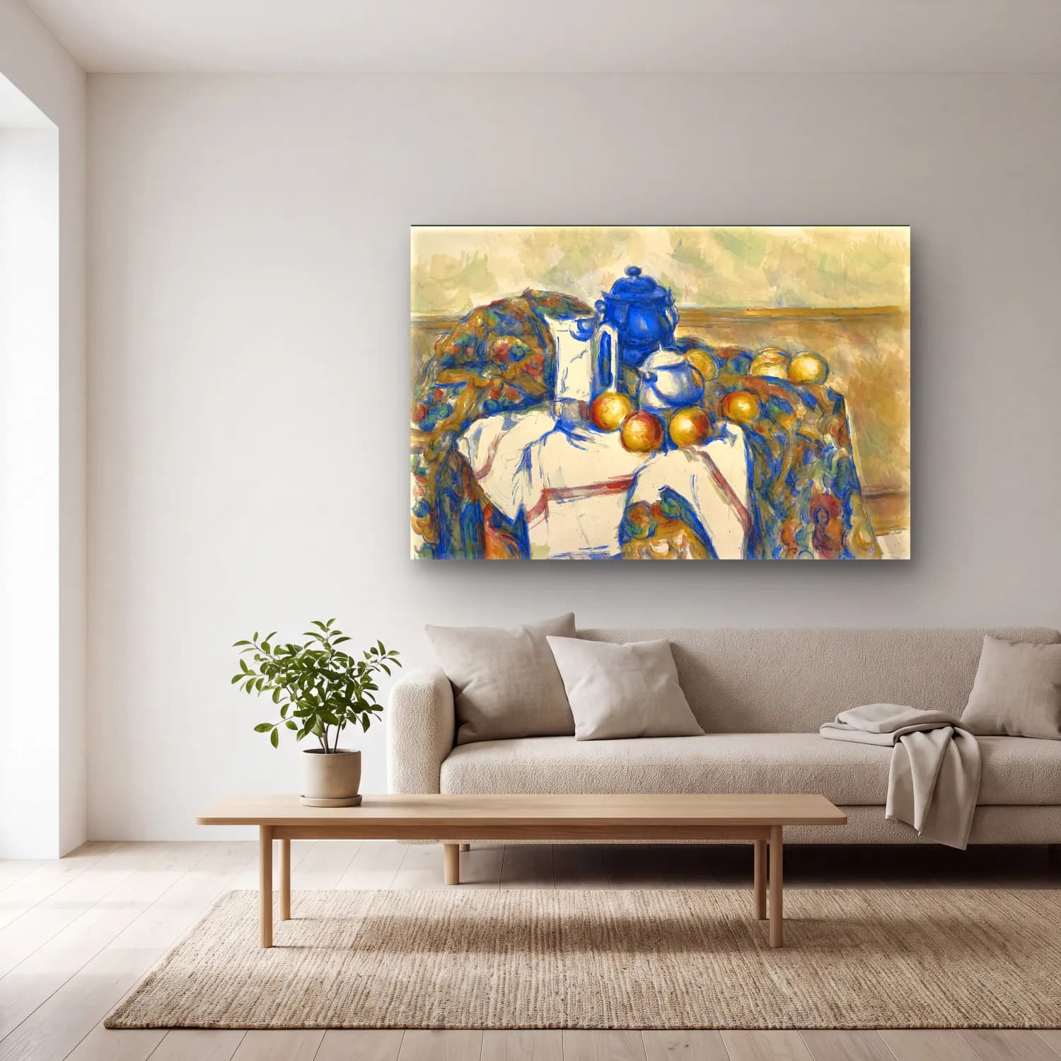 Paul Cezanne – Meyveli Natürmort – Mavi Tonlar cam tablo — açık renk salonda