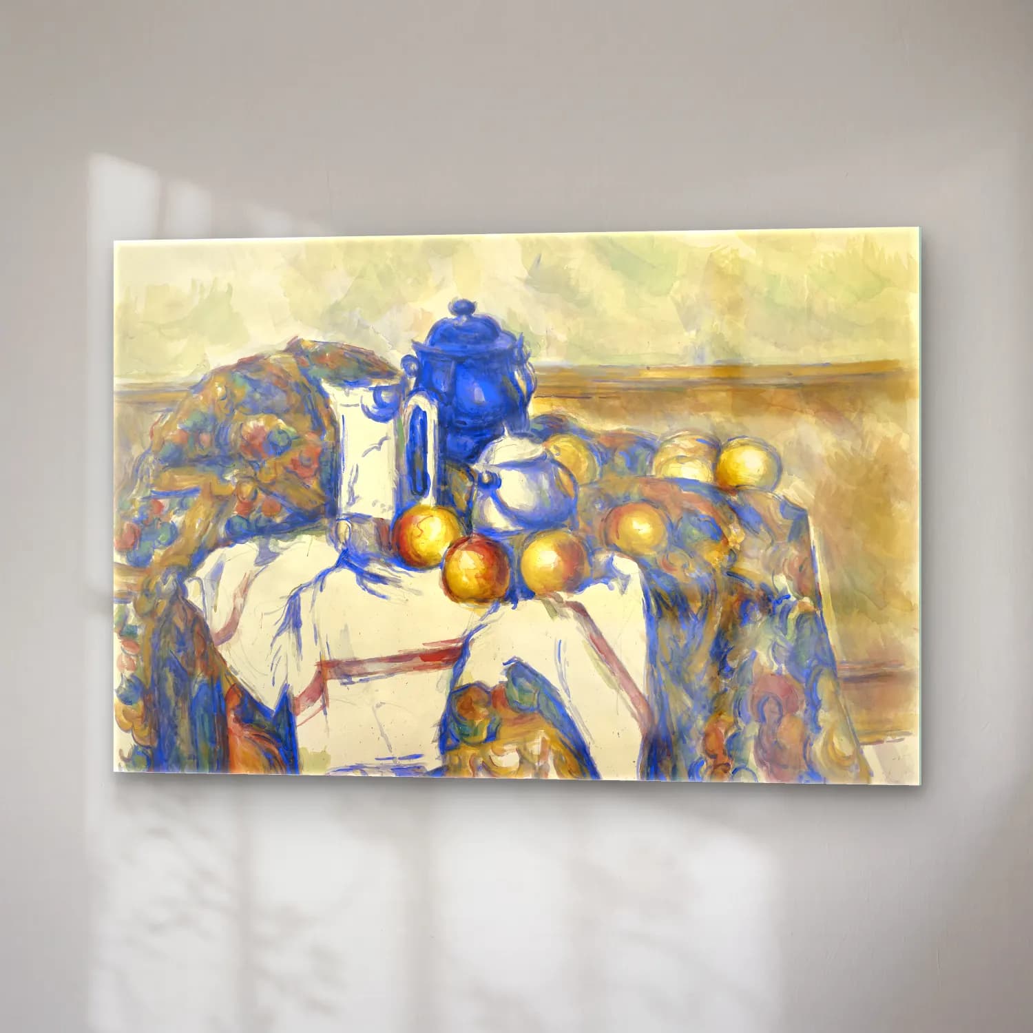 Paul Cezanne – Meyveli Natürmort – Mavi Tonlar cam tablo — sağ açıdan görünüm