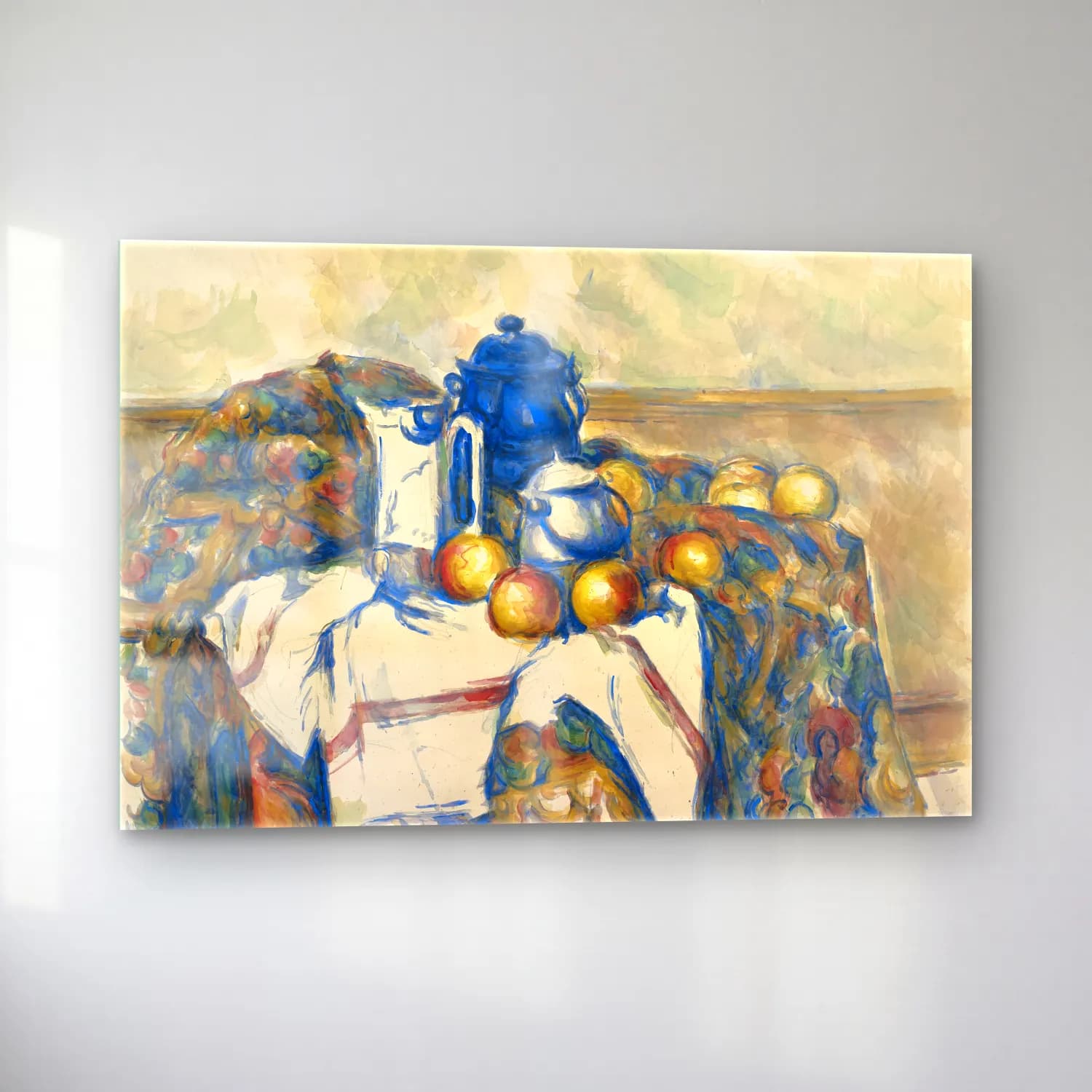 Paul Cezanne – Meyveli Natürmort – Mavi Tonlar cam tablo — sol açıdan görünüm