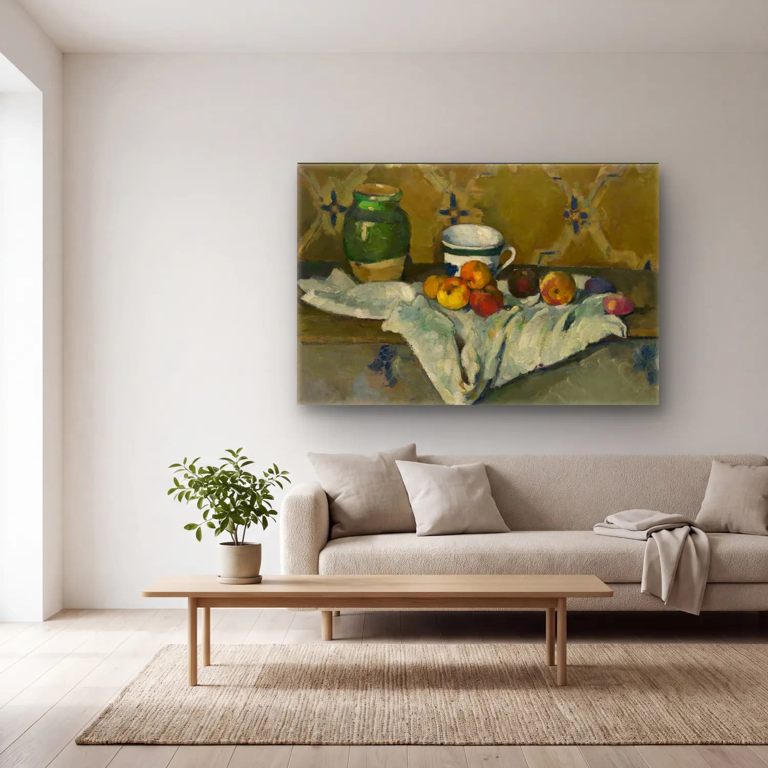 Paul Cezanne – Meyveli Natürmort – Yeşil Tonlar cam tablo — açık renk salonda