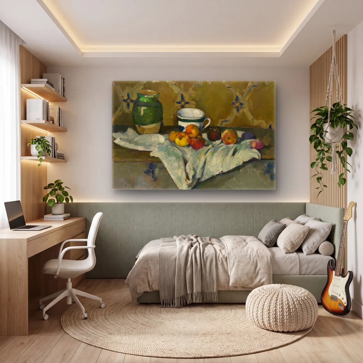 Paul Cezanne – Meyveli Natürmort – Yeşil Tonlar cam tablo — genç odasında