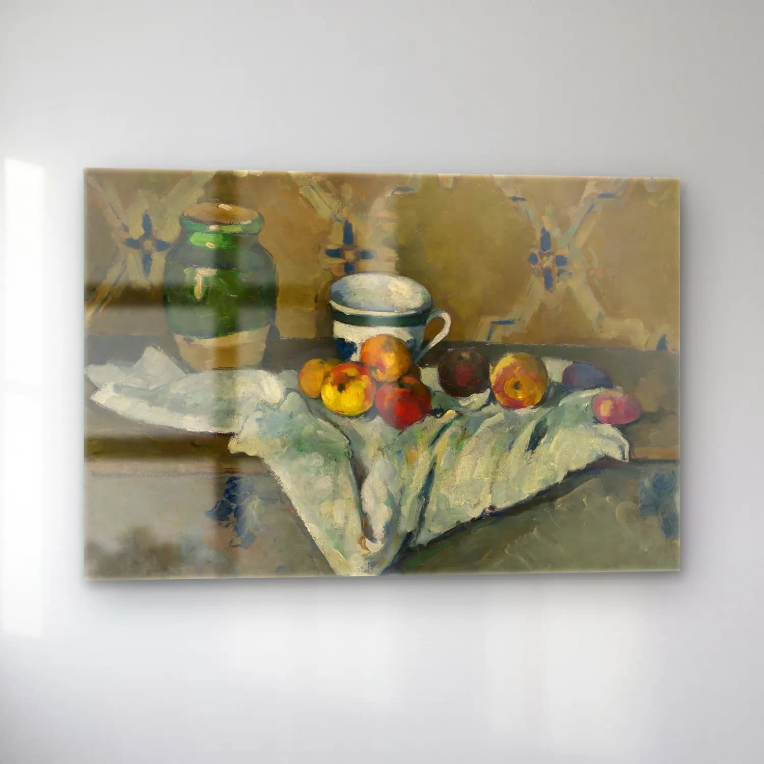 Paul Cezanne – Meyveli Natürmort – Yeşil Tonlar cam tablo — sol açıdan görünüm
