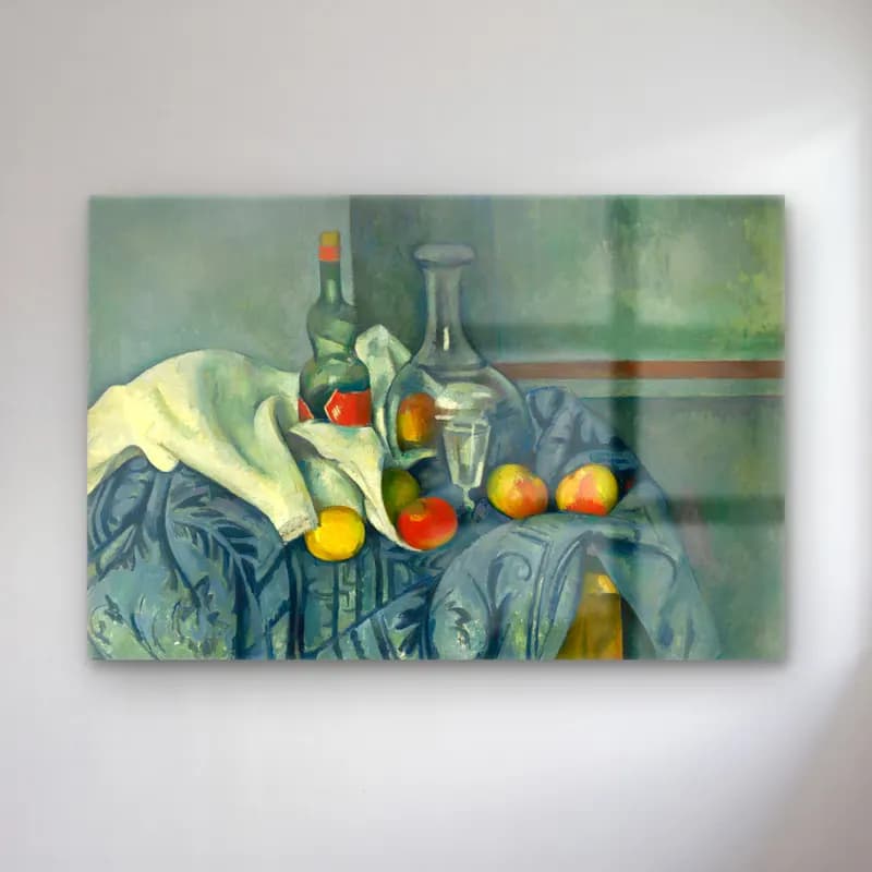 Paul Cezanne – Meyveli Natürmort – Turkuaz Tonlar cam tablo — Paul Cezanne – Meyveli Natürmort – Turkuaz Tonlar — empresyonist meyveli natürmort