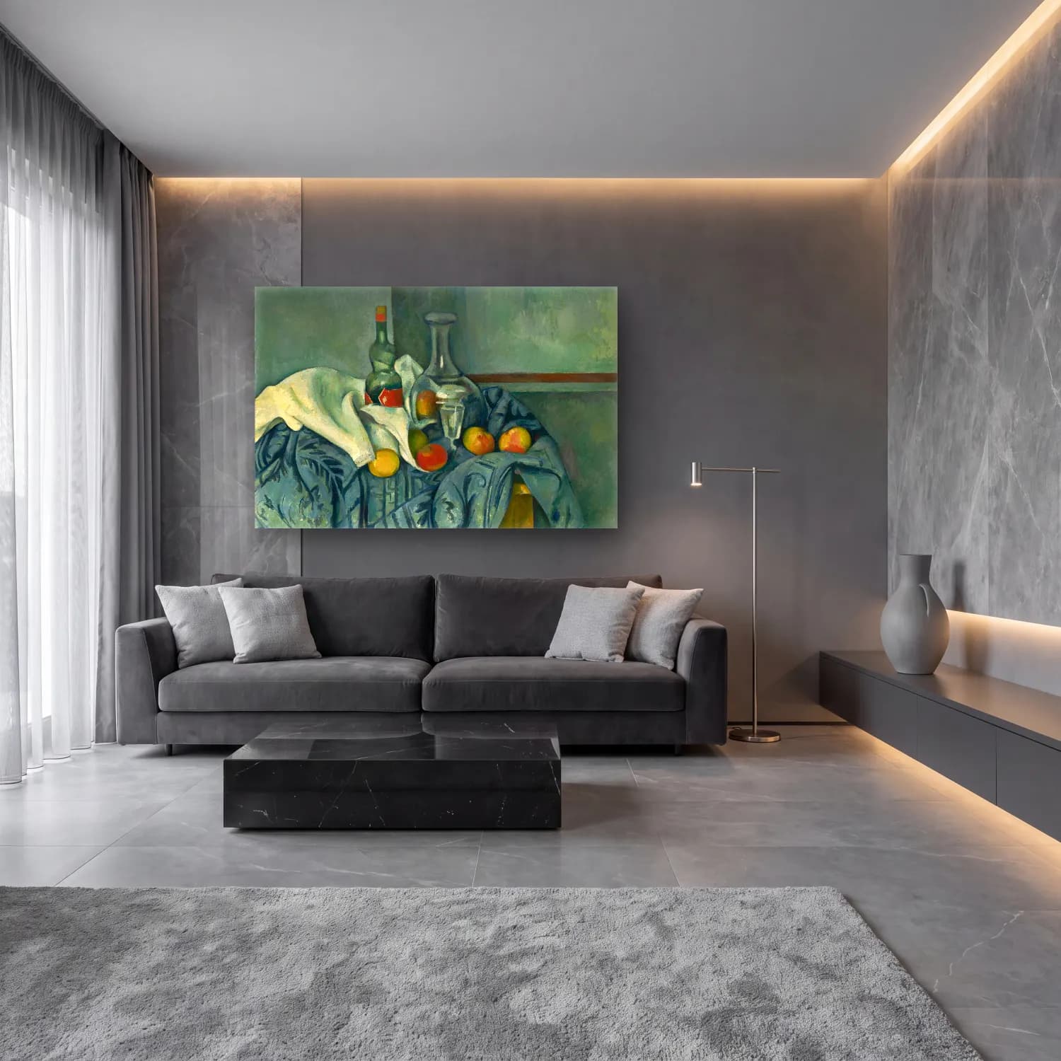 Paul Cezanne – Meyveli Natürmort – Turkuaz Tonlar cam tablo — lüks salon duvarında