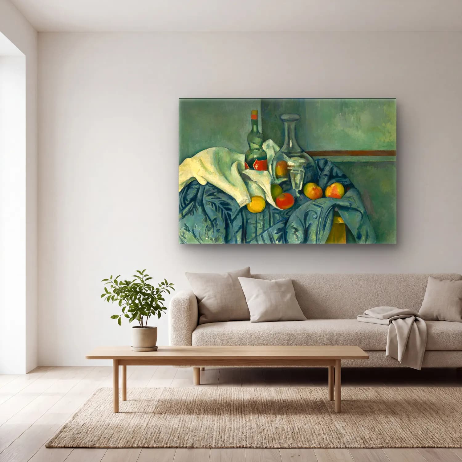 Paul Cezanne – Meyveli Natürmort – Turkuaz Tonlar cam tablo — açık renk salonda