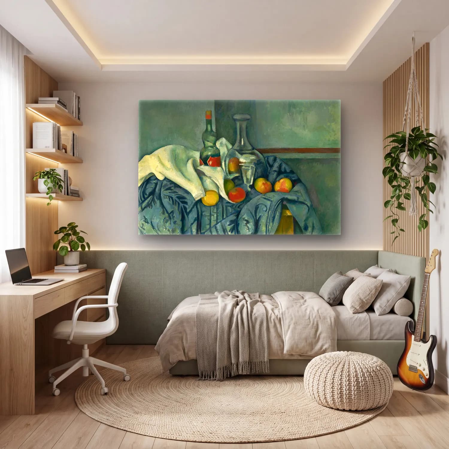 Paul Cezanne – Meyveli Natürmort – Turkuaz Tonlar cam tablo — genç odasında